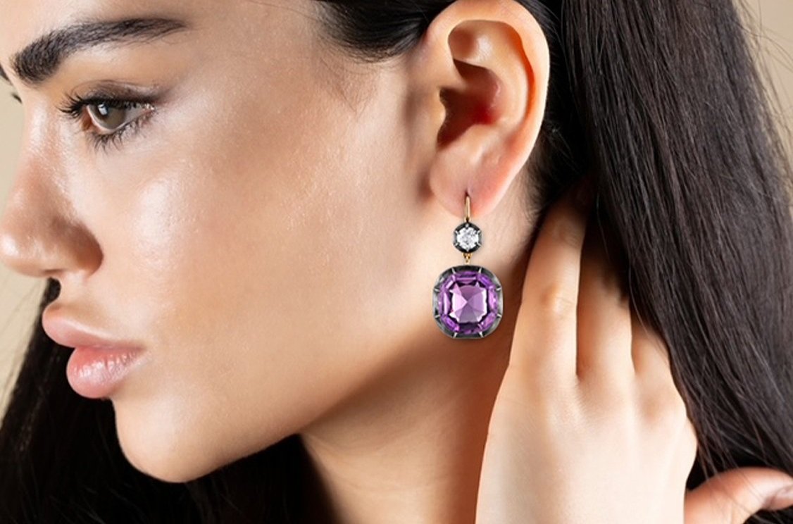 Collet Set Amethyst Diamond Drop Earrings