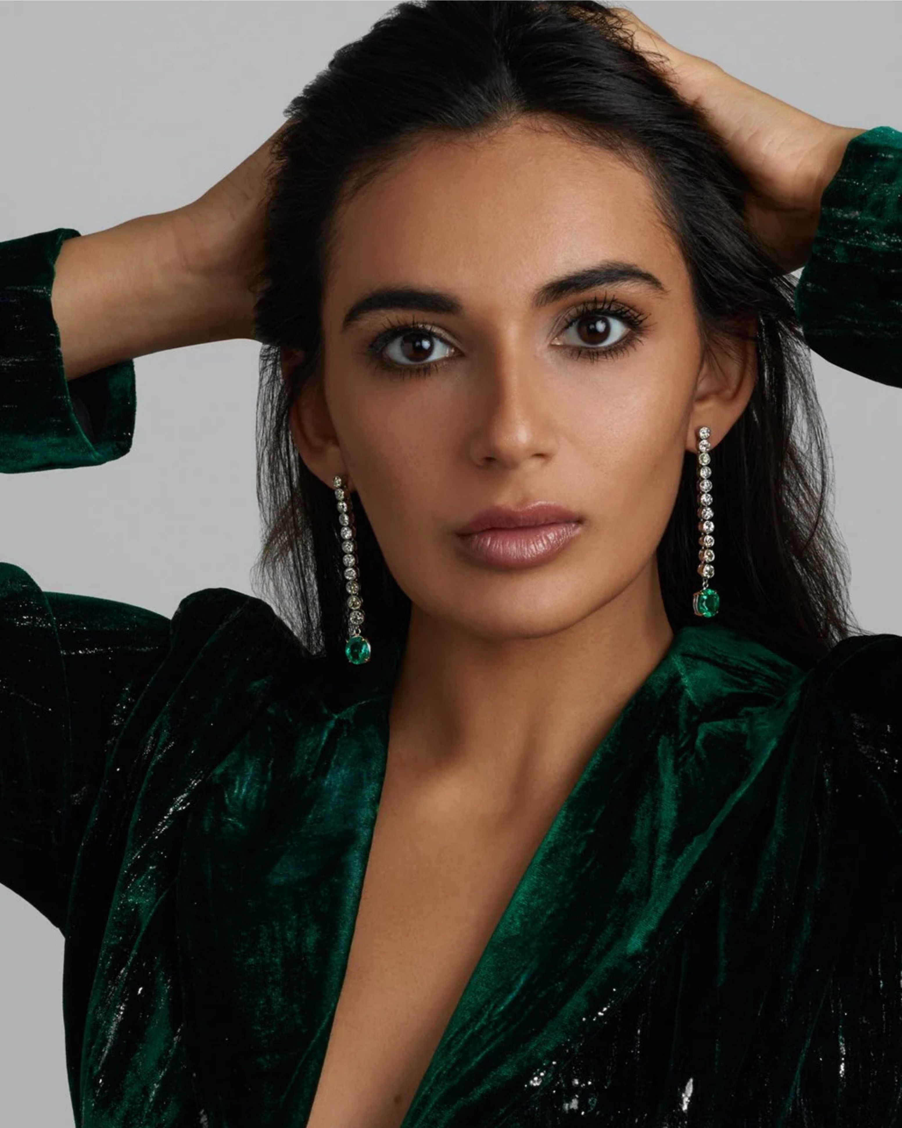 Colombian Emerald and Old European Diamond Detachable Line Earrings