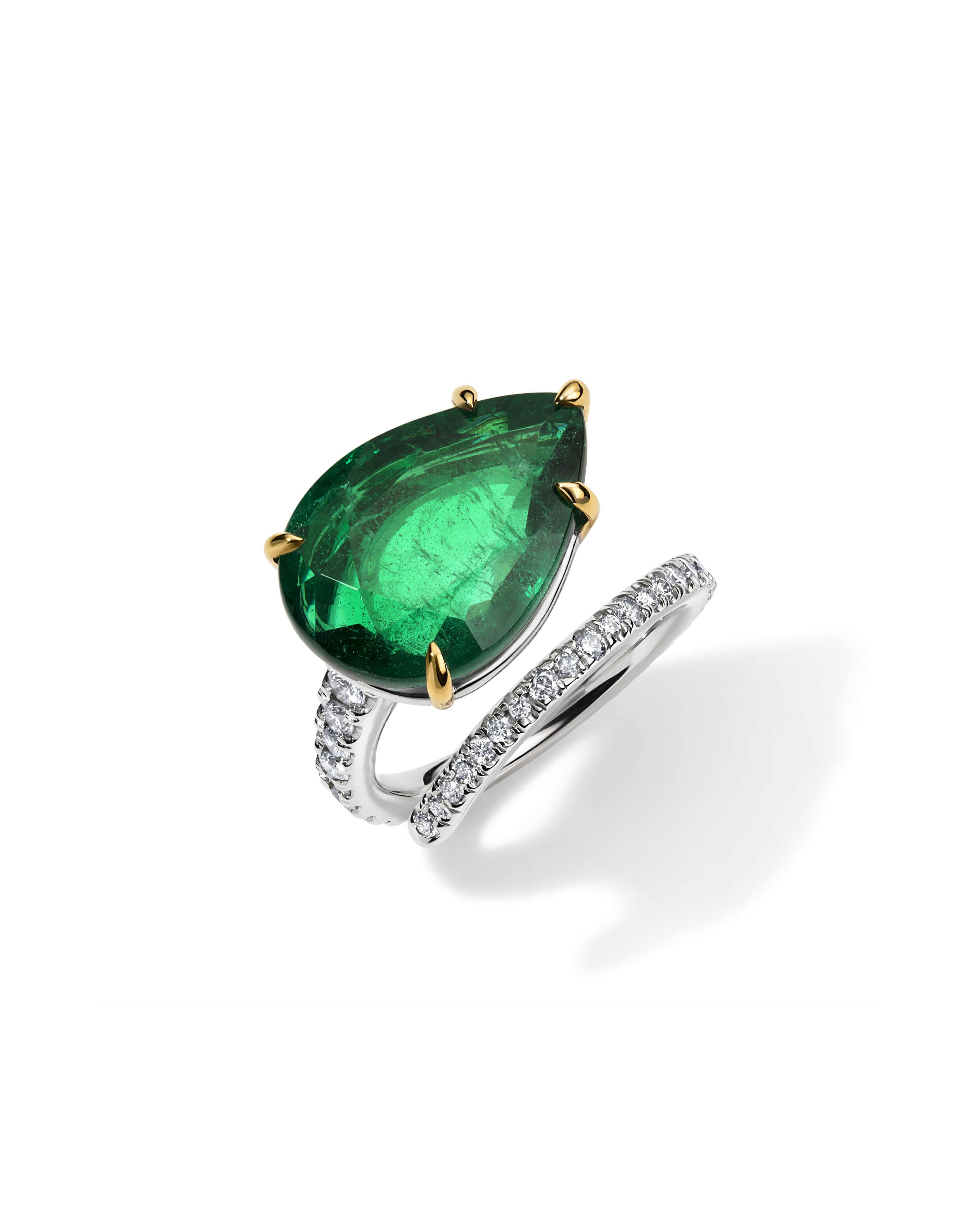Emerald and Diamond Single Spiral Ring