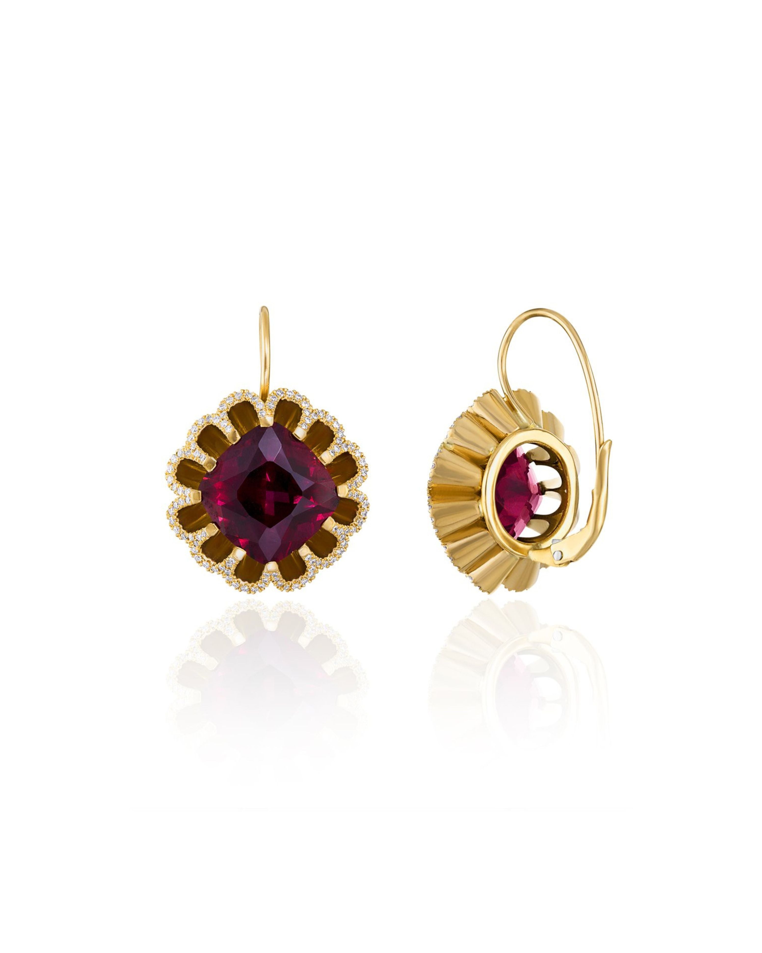 FLOATING RHODOLITE GARNET AND DIAMOND DROP EARRINGS