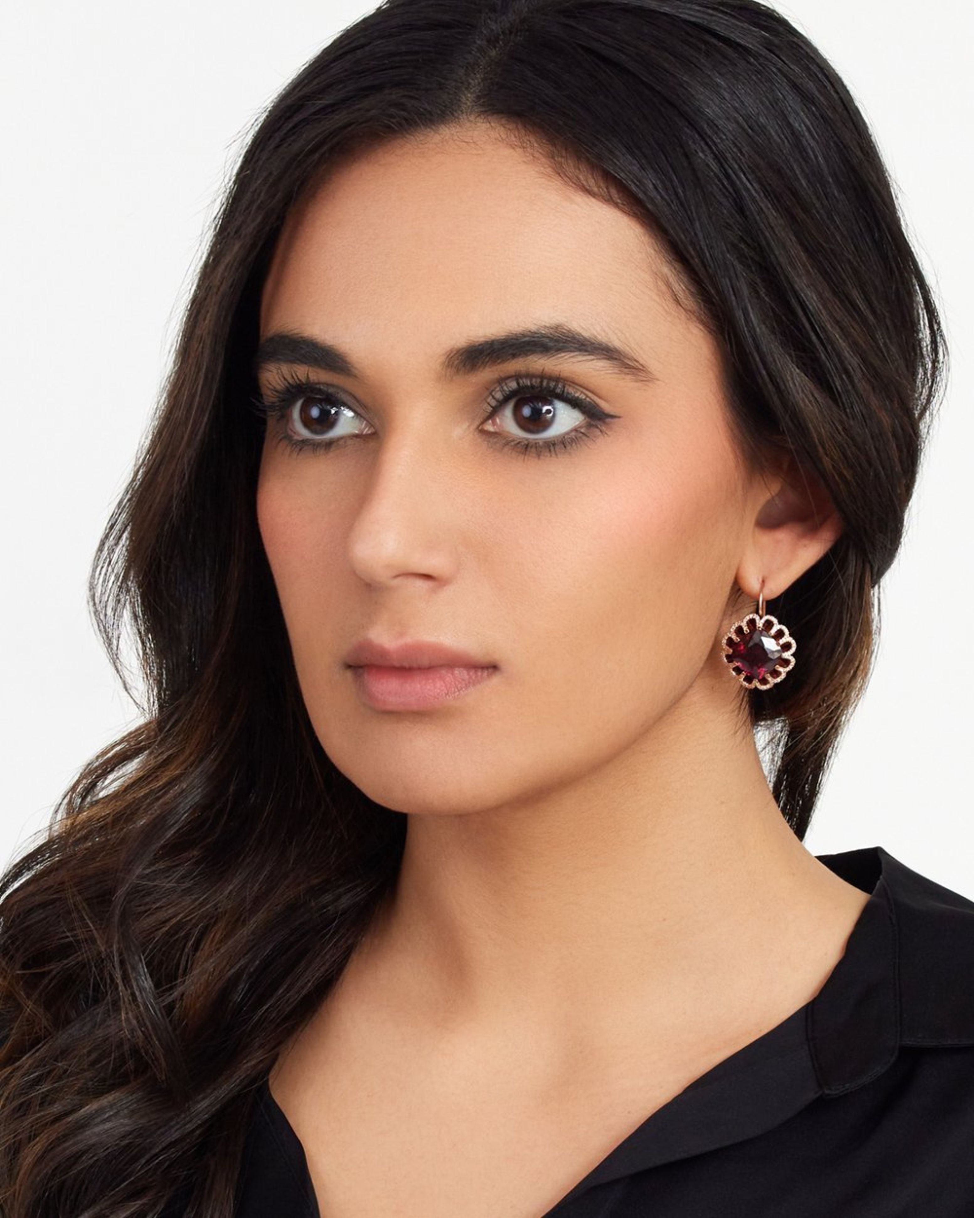 FLOATING RHODOLITE GARNET AND DIAMOND DROP EARRINGS
