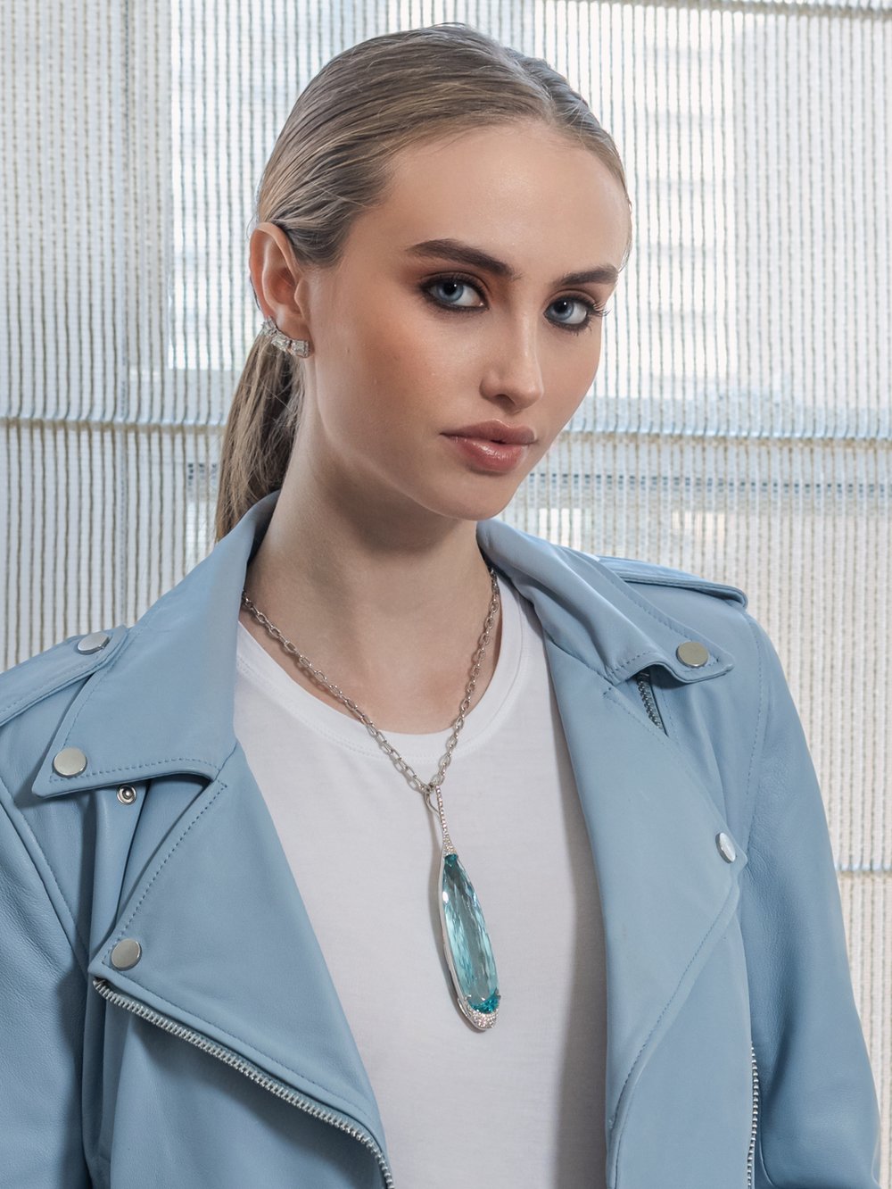 AQUAMARINE DIAMOND PENDANT LINK NECKLACE
