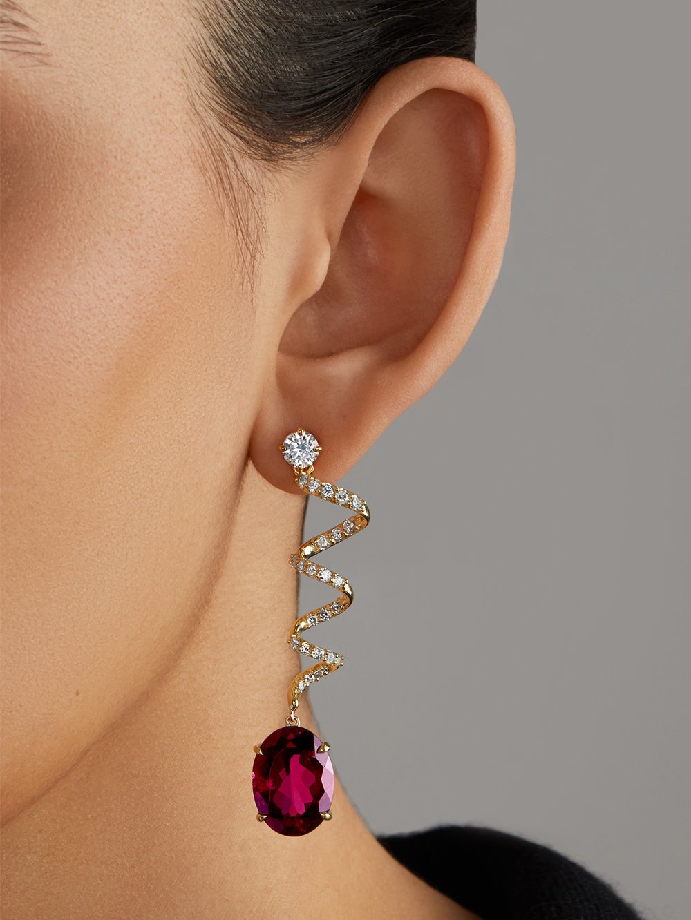 Rubellite Diamond Spiral Earrings