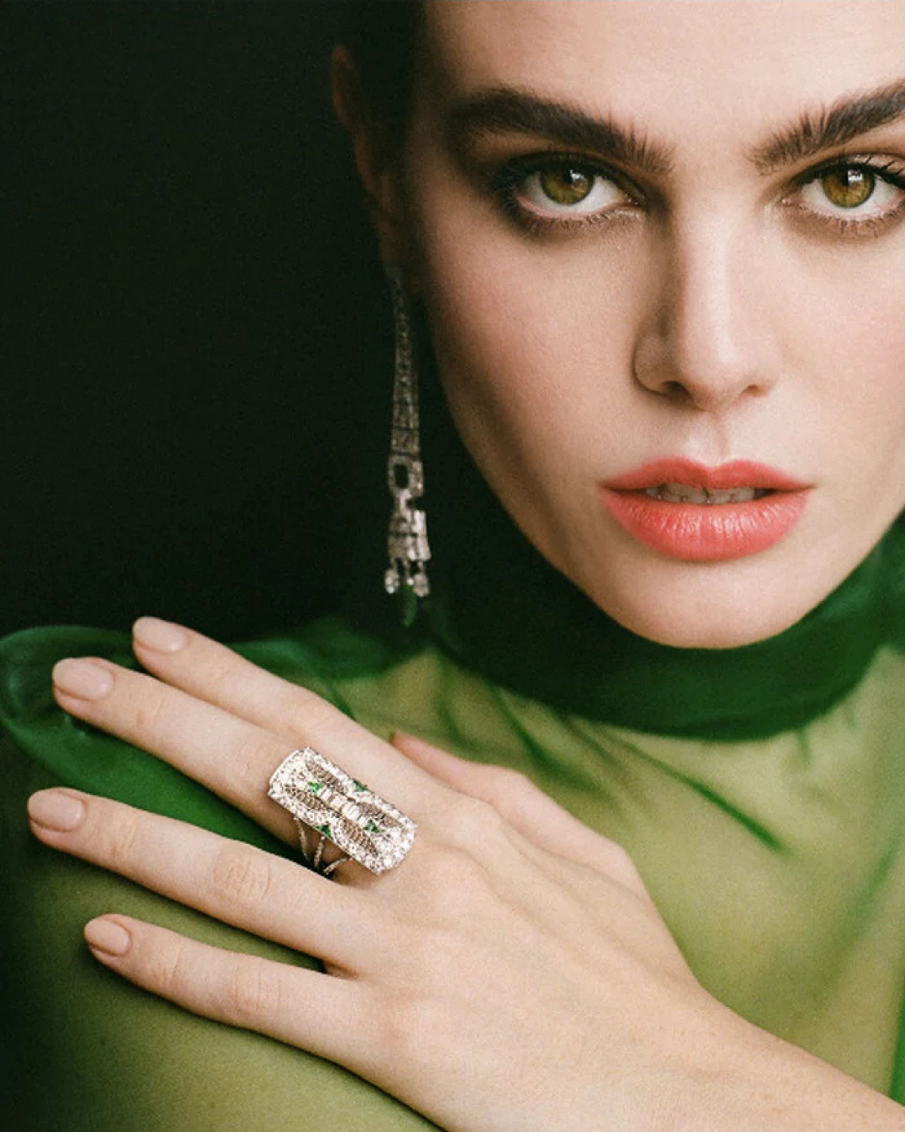 Platinum Filigree Emerald & Diamond Dinner Ring