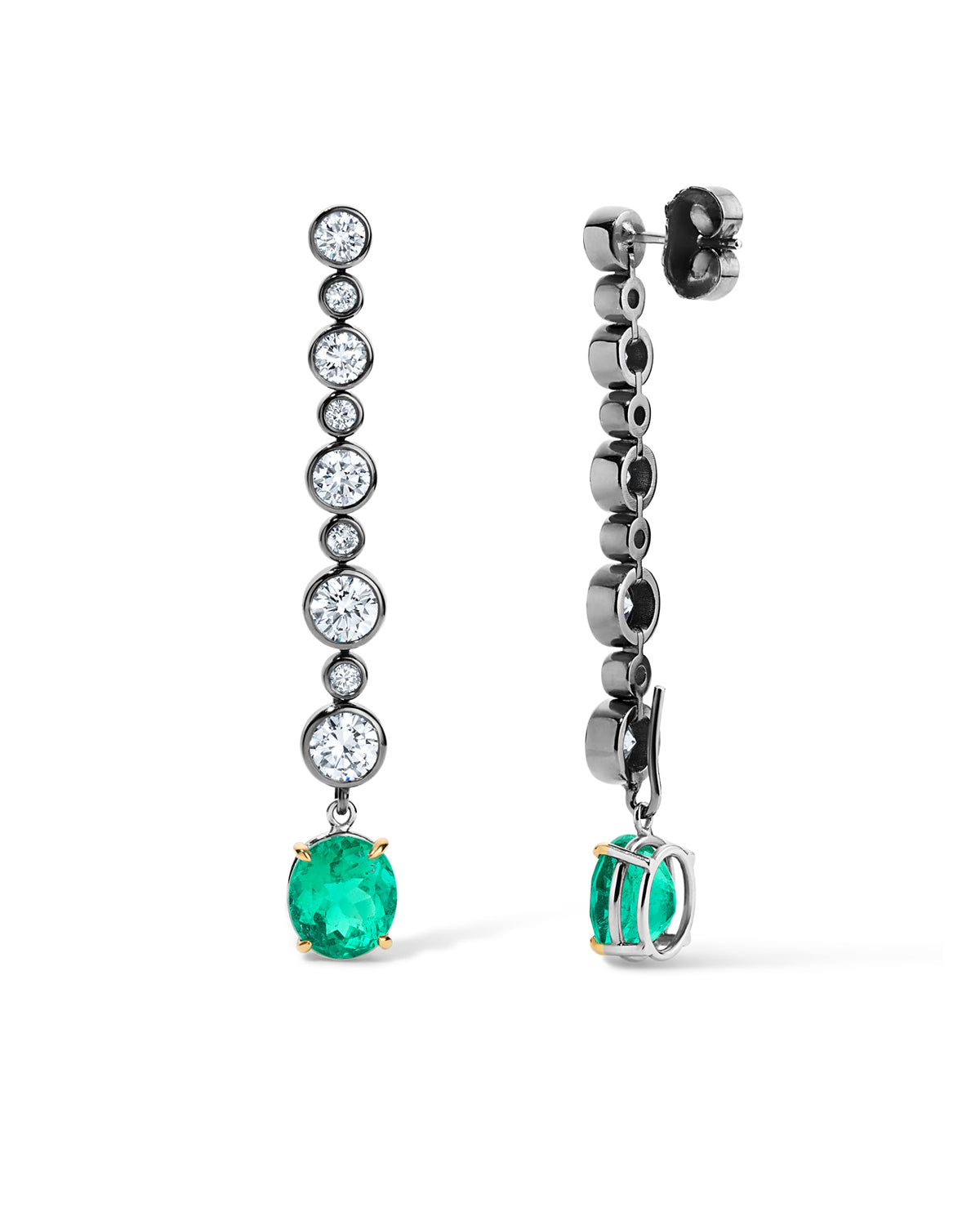 COLOMBIAN EMERALD AND OLD EUROPEAN DIAMOND LINE EARRINGS