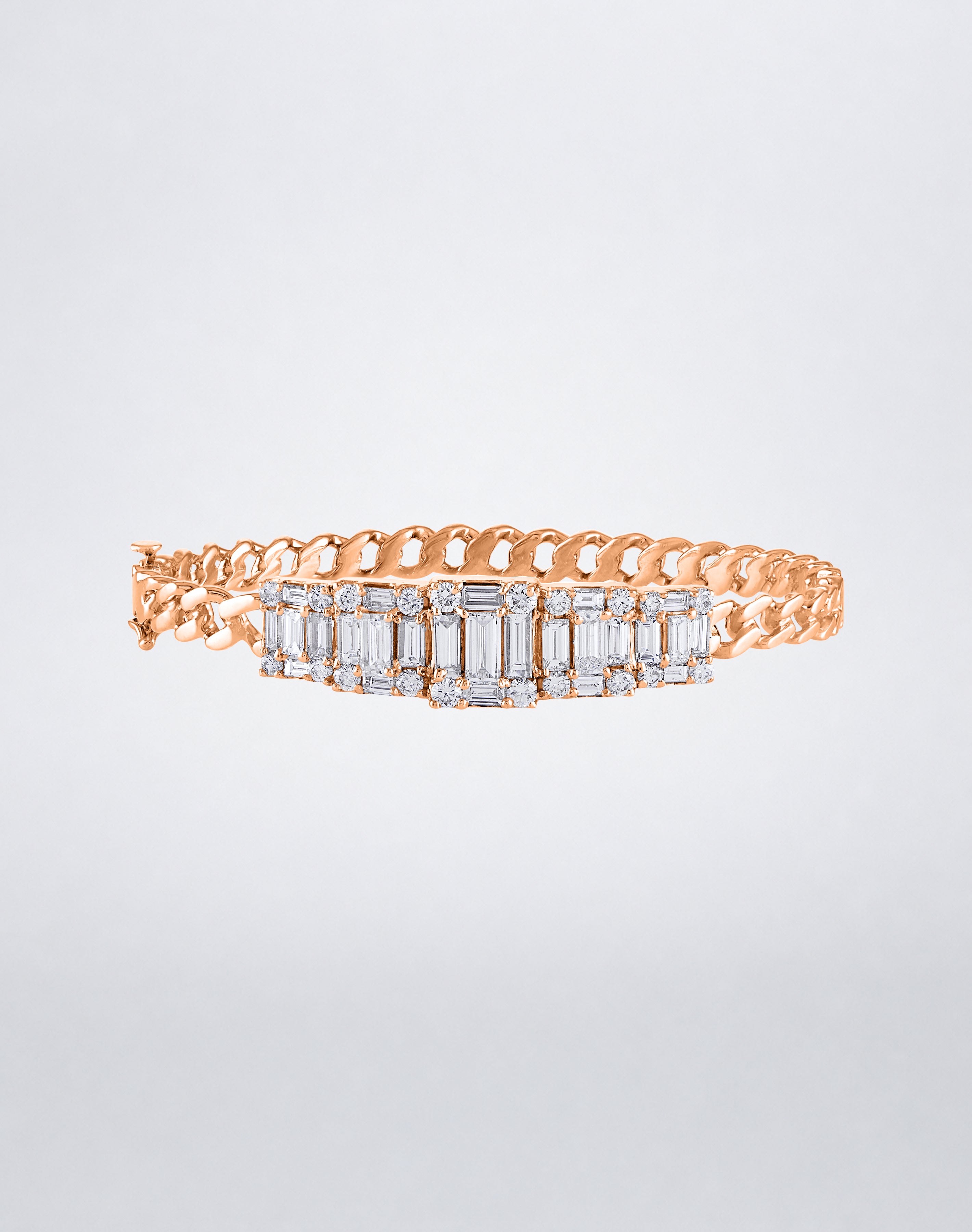 Mindi Mond New York Clarity³ 5 Cube Link Bangle in 18k rose gold with five graduated nine-stone baguette and round brilliant diamond formations on a curb-link chain, front view