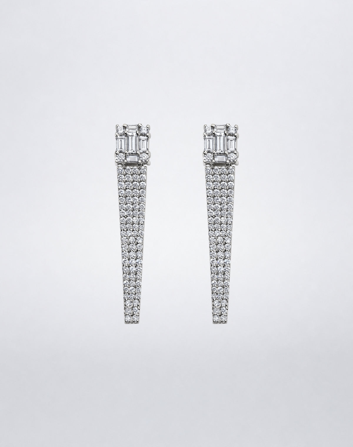 Clarity³ diamond cube stud earrings with tapered pavé diamond drops in 18K white gold by Mindi Mond New York