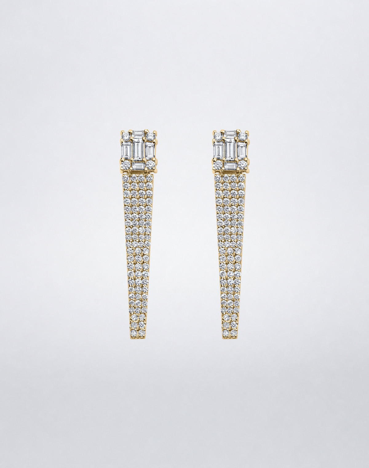 Clarity³ diamond cube stud earrings with tapered pavé diamond drops in 18K yellow gold by Mindi Mond New York