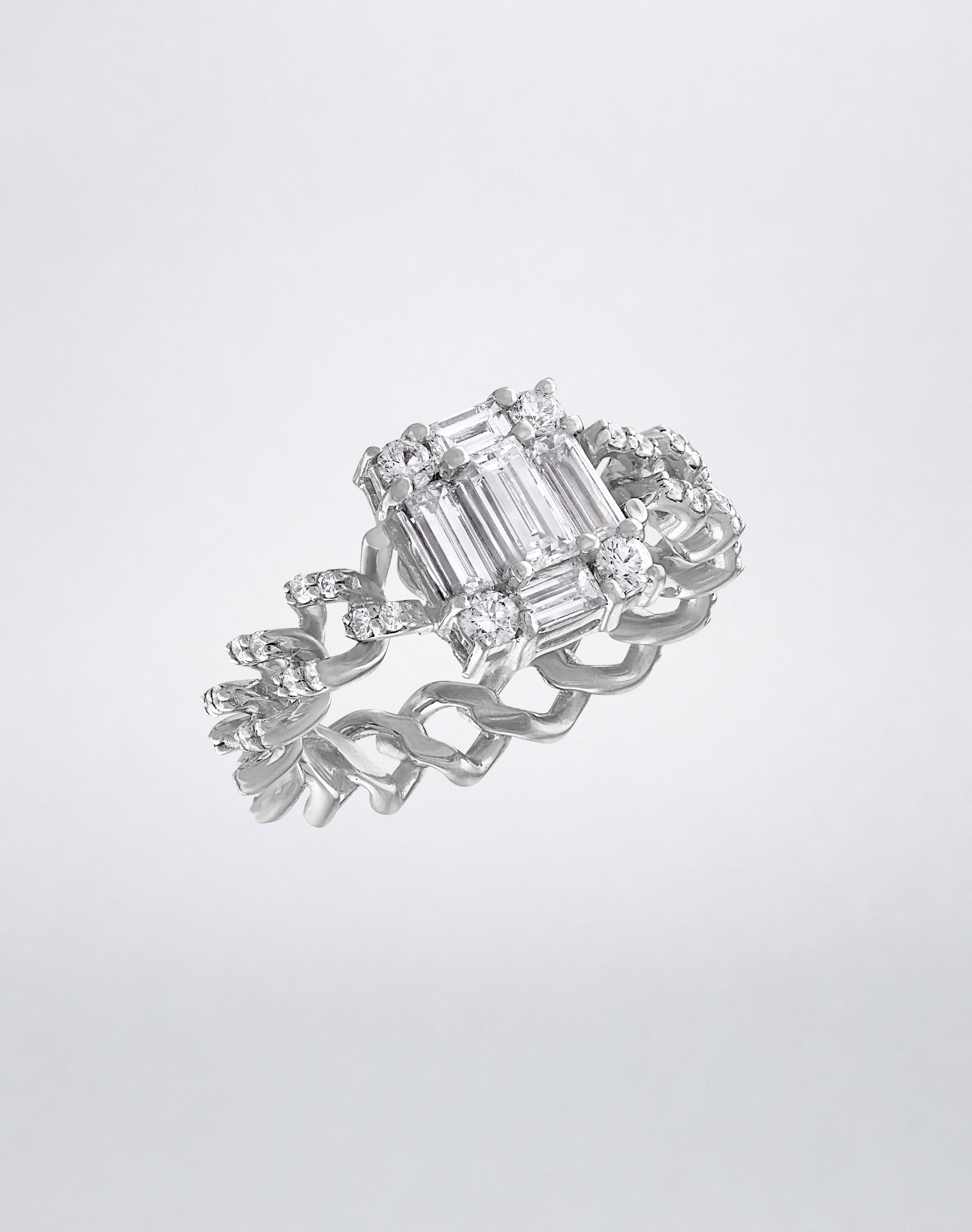 CLARITY³ All Diamond Link Ring in 18K white gold, featuring a diamond-set curb-link band and a baguette diamond cluster, shown at an angle, by Mindi Mond New York