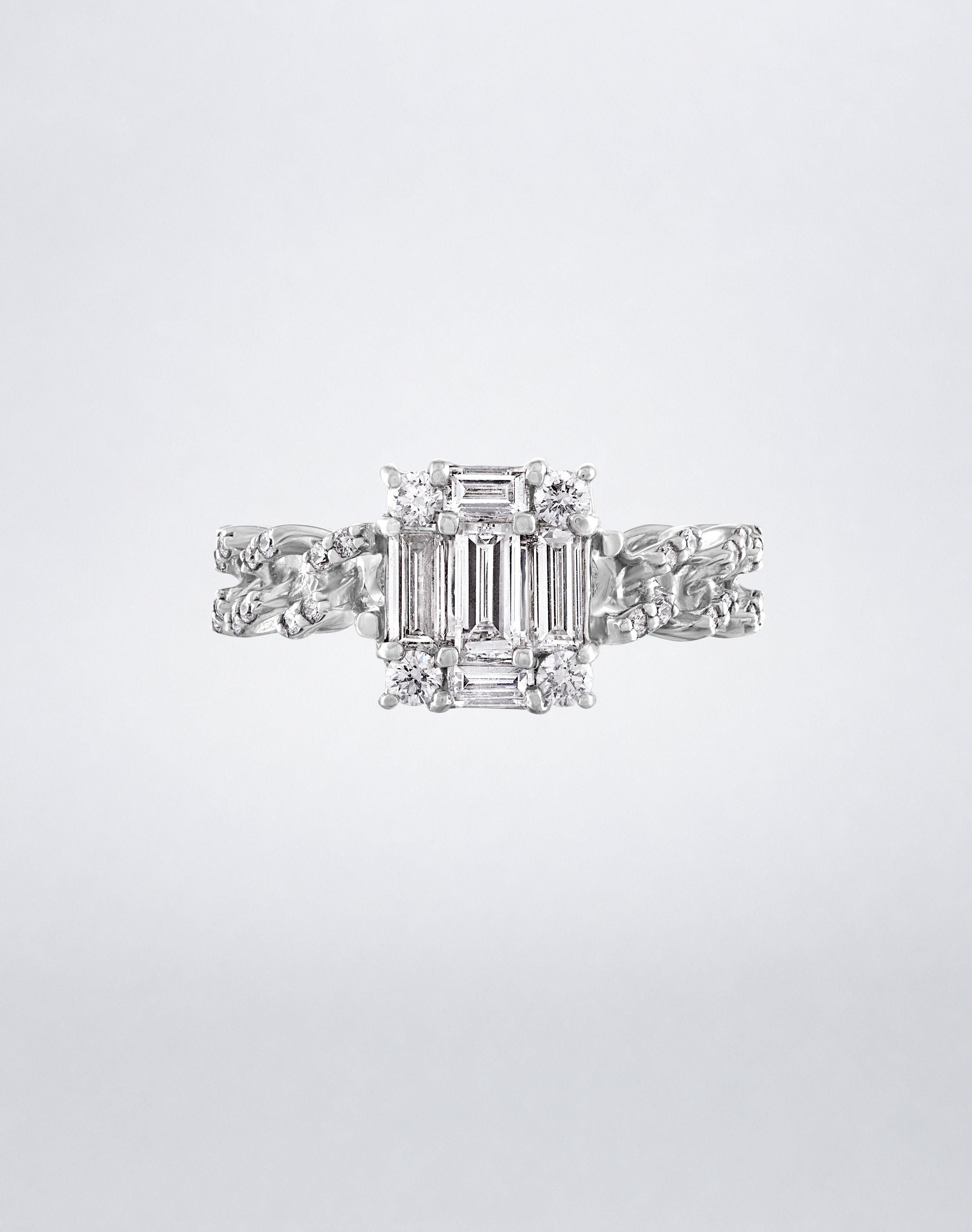 CLARITY³ All Diamond Link Ring in 18K white gold, featuring a diamond-set curb-link band and a baguette diamond cluster, by Mindi Mond New York