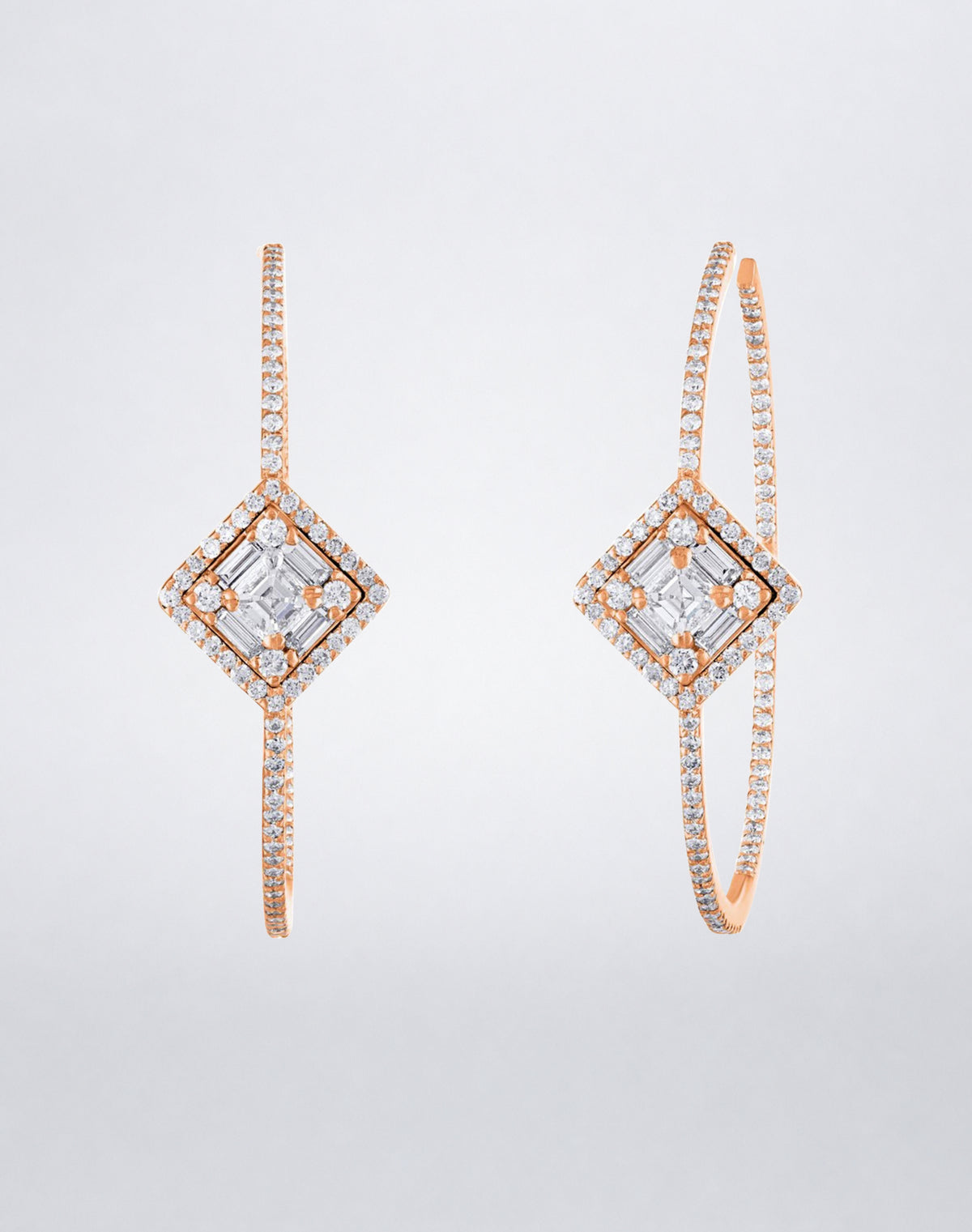 Mindi Mond New York Clarity³ Asscher Cut Diamond Hoops in 18K rose gold, pair of slim pavé hoop earrings with an Asscher cut Clarity³ formation and pavé halo at the front, front view