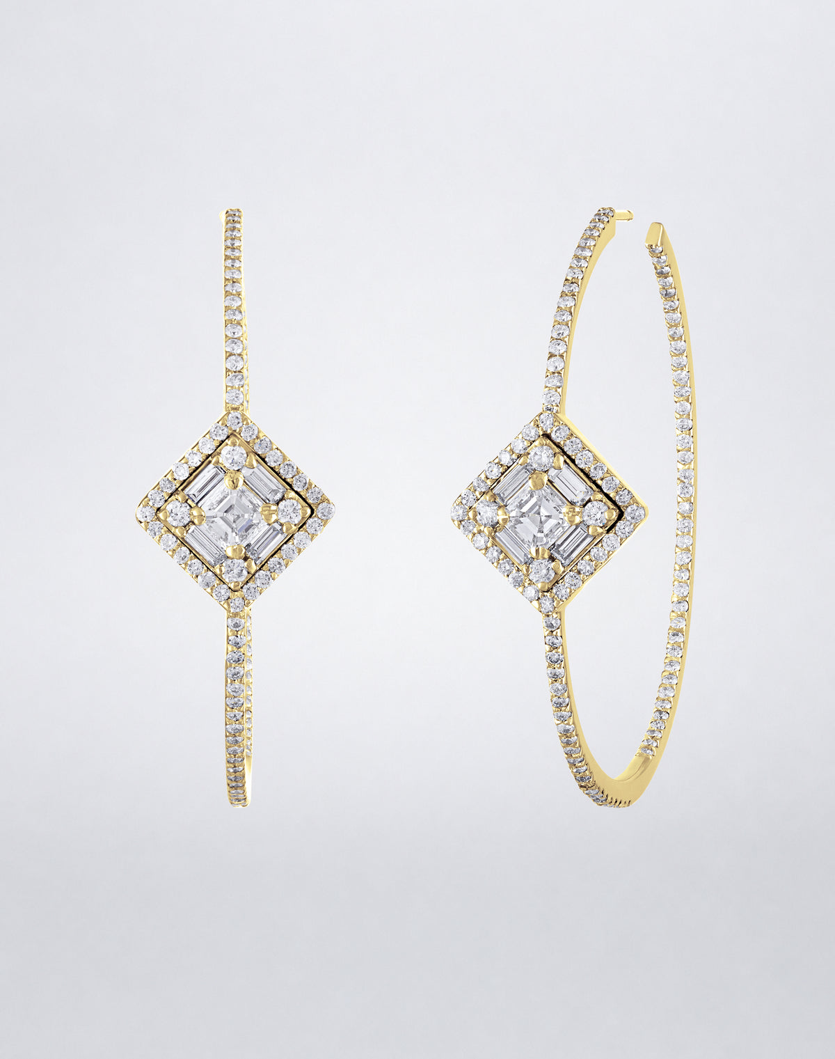 Mindi Mond New York Clarity³ Asscher Cut Diamond Hoops in 18K yellow gold, side view showing the pavé hoop profile and the halo-framed Asscher cut formation
