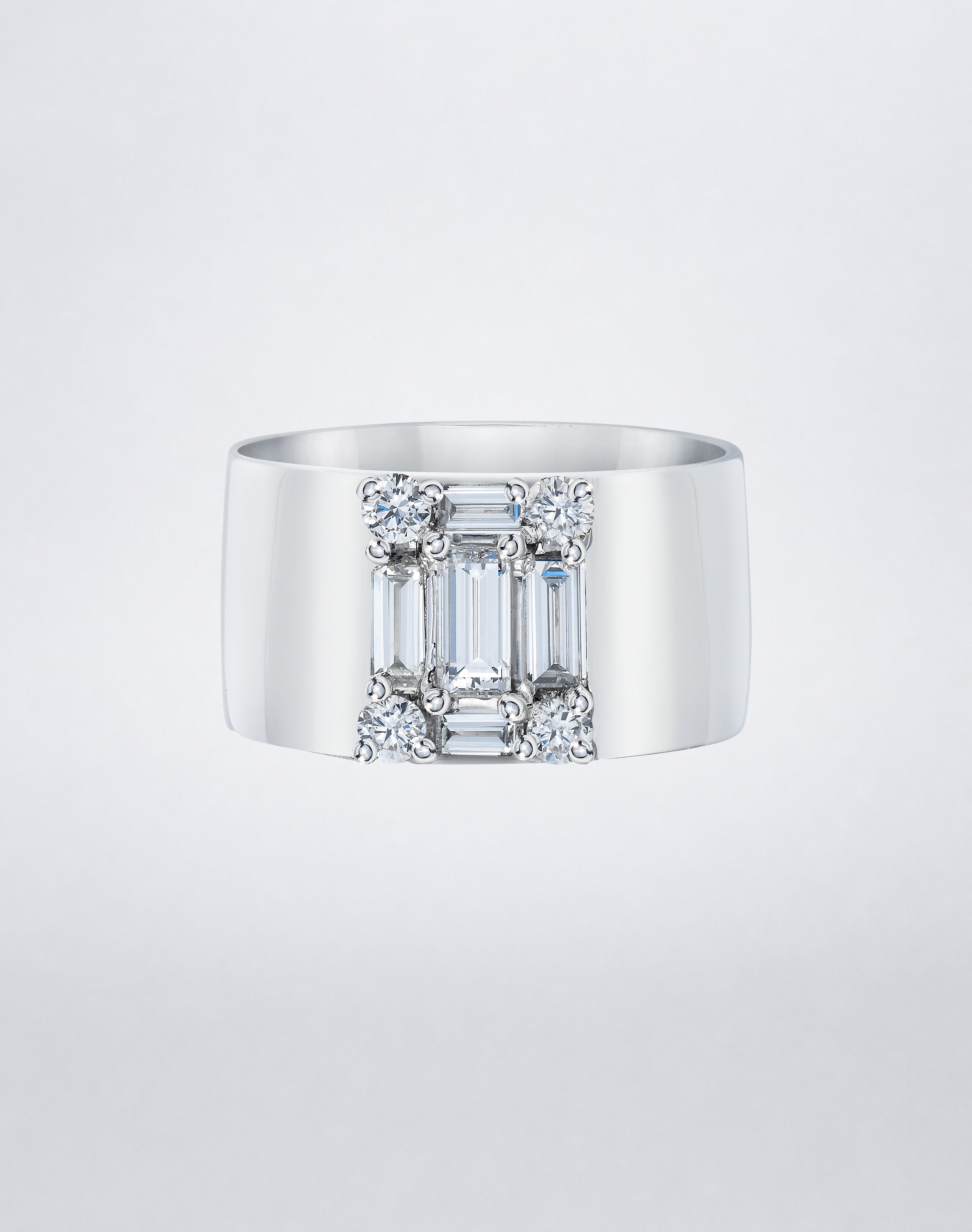 CLARITY³ Cigar Band in 18K white gold with a baguette diamond cluster and round diamond accents by Mindi Mond New York