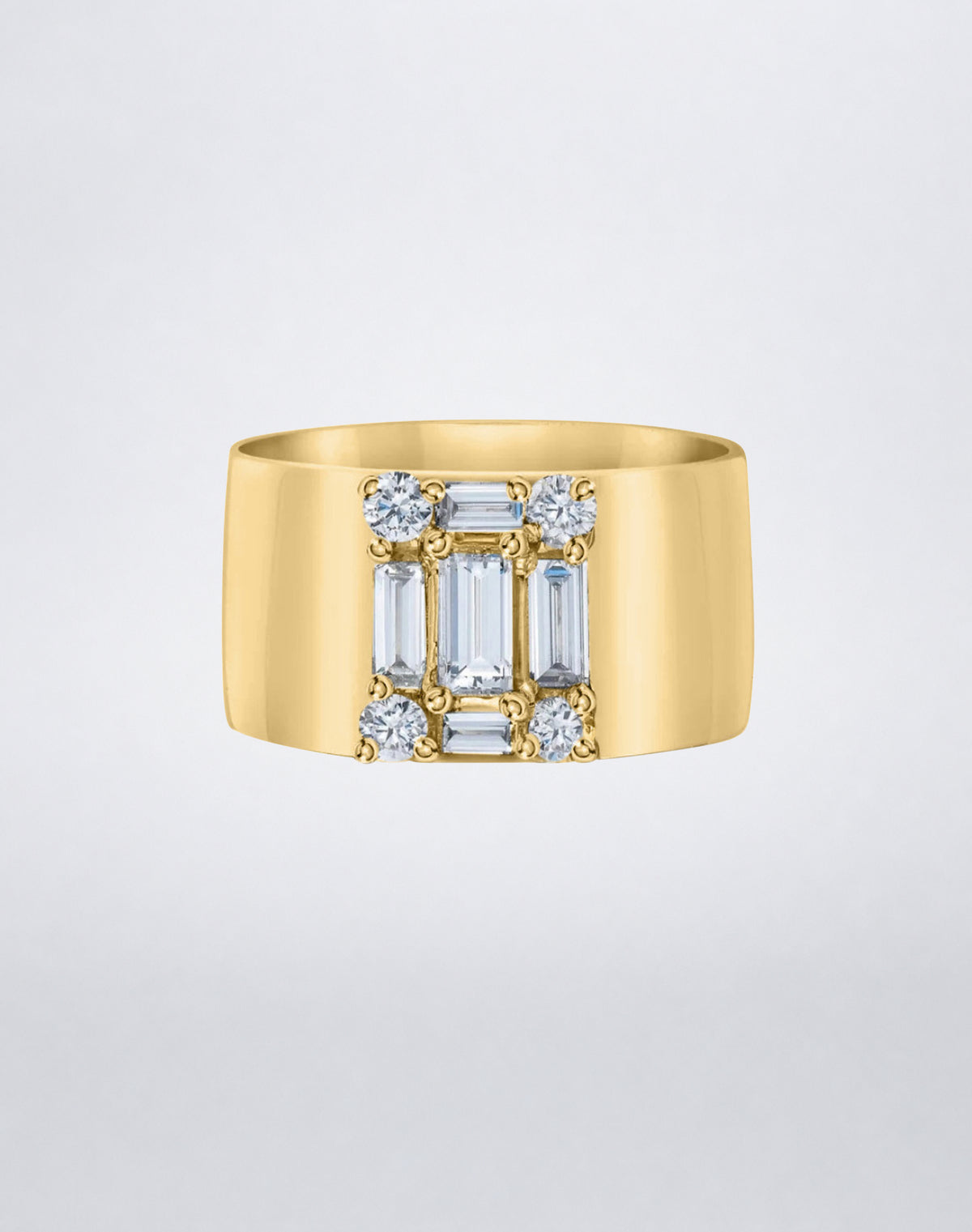 CLARITY³ Cigar Band in 18K yellow gold with a baguette diamond cluster and round diamond accents by Mindi Mond New York