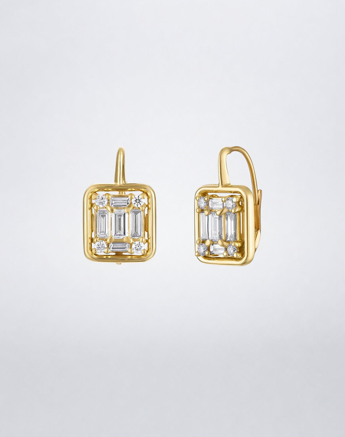 Mindi Mond New York Clarity³ Classic Gold Framed Drop Earrings in 18K yellow gold, angled view showing the open gold frame and lever-back closure