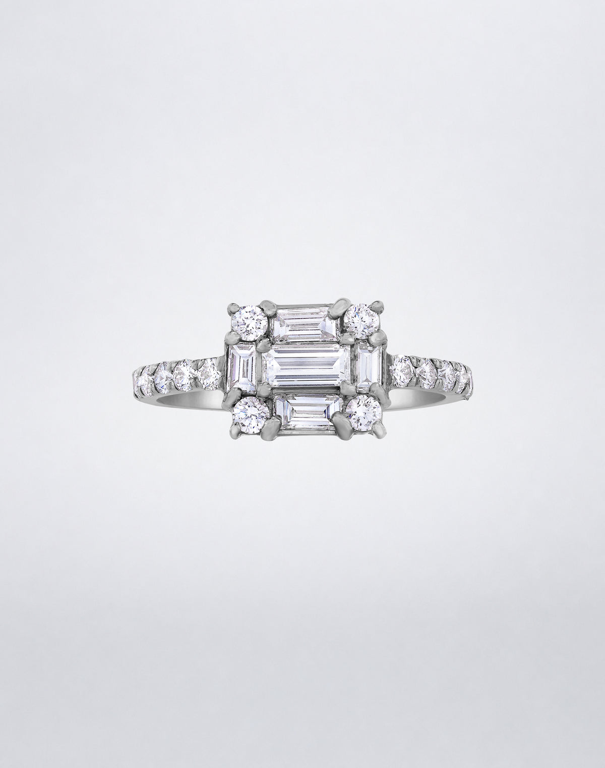 CLARITY³ Cube Diamond Band in 18K white gold featuring a baguette-cut diamond cluster with round diamonds along the band, by Mindi Mond New York, front view