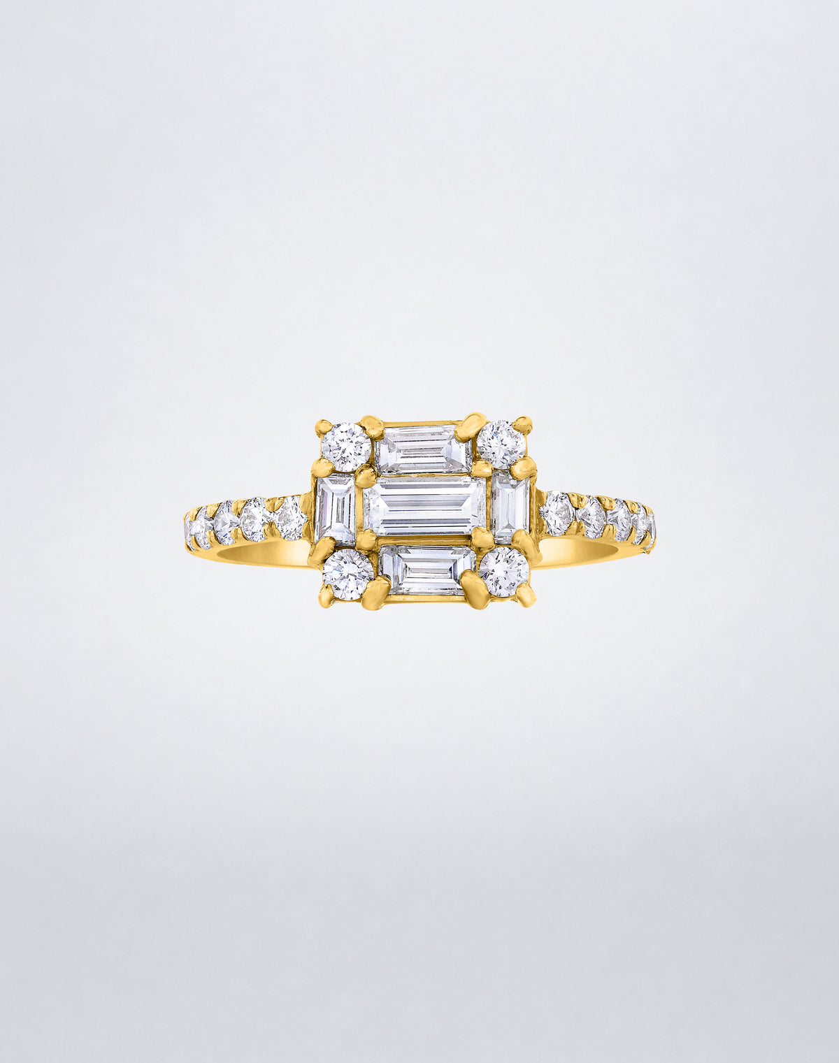 CLARITY³ Cube Diamond Band in 18K yellow gold featuring a baguette-cut diamond cluster with round diamonds along the band, by Mindi Mond New York, front view