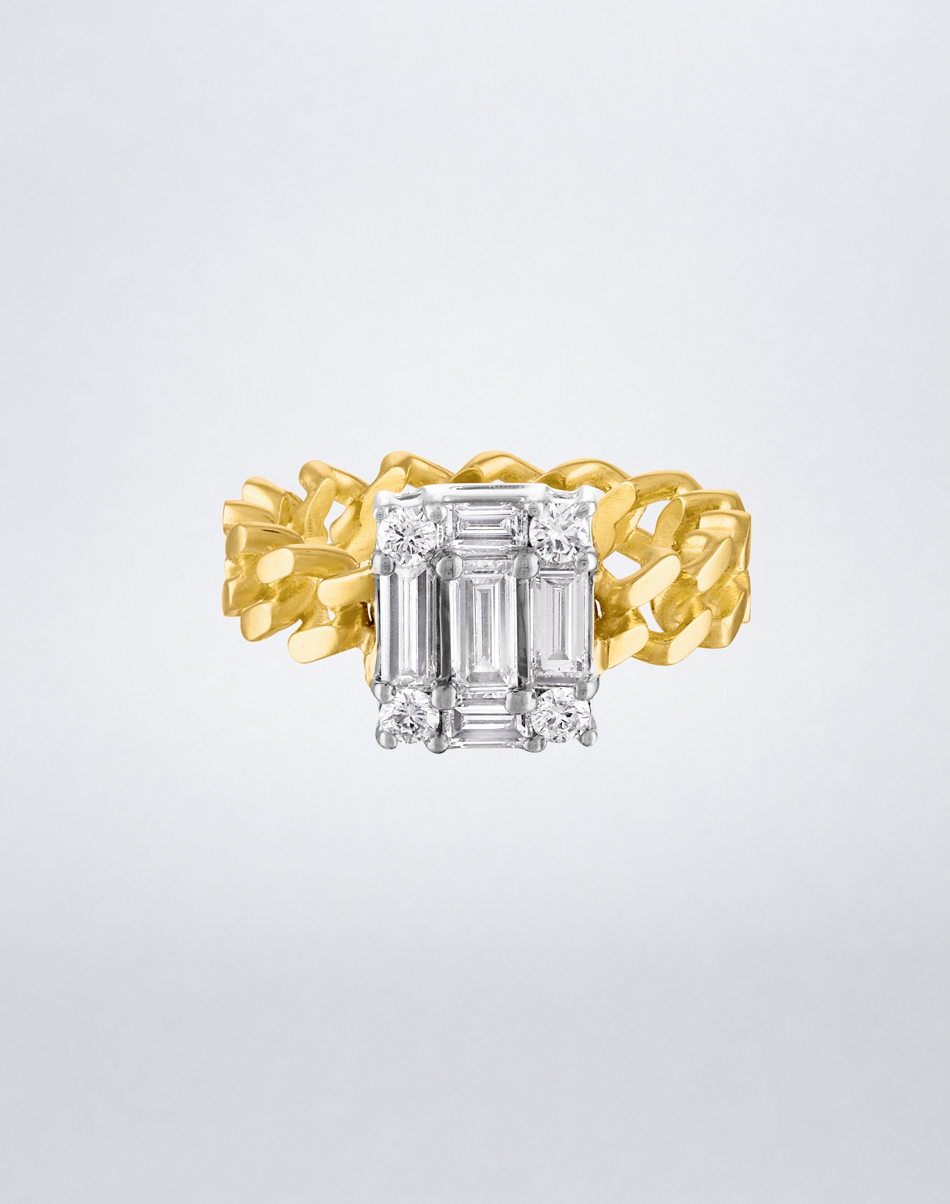 CLARITY³ Cube Link Ring in 18K yellow gold with a curb-link band and baguette and round diamond cluster, by Mindi Mond New York, front view