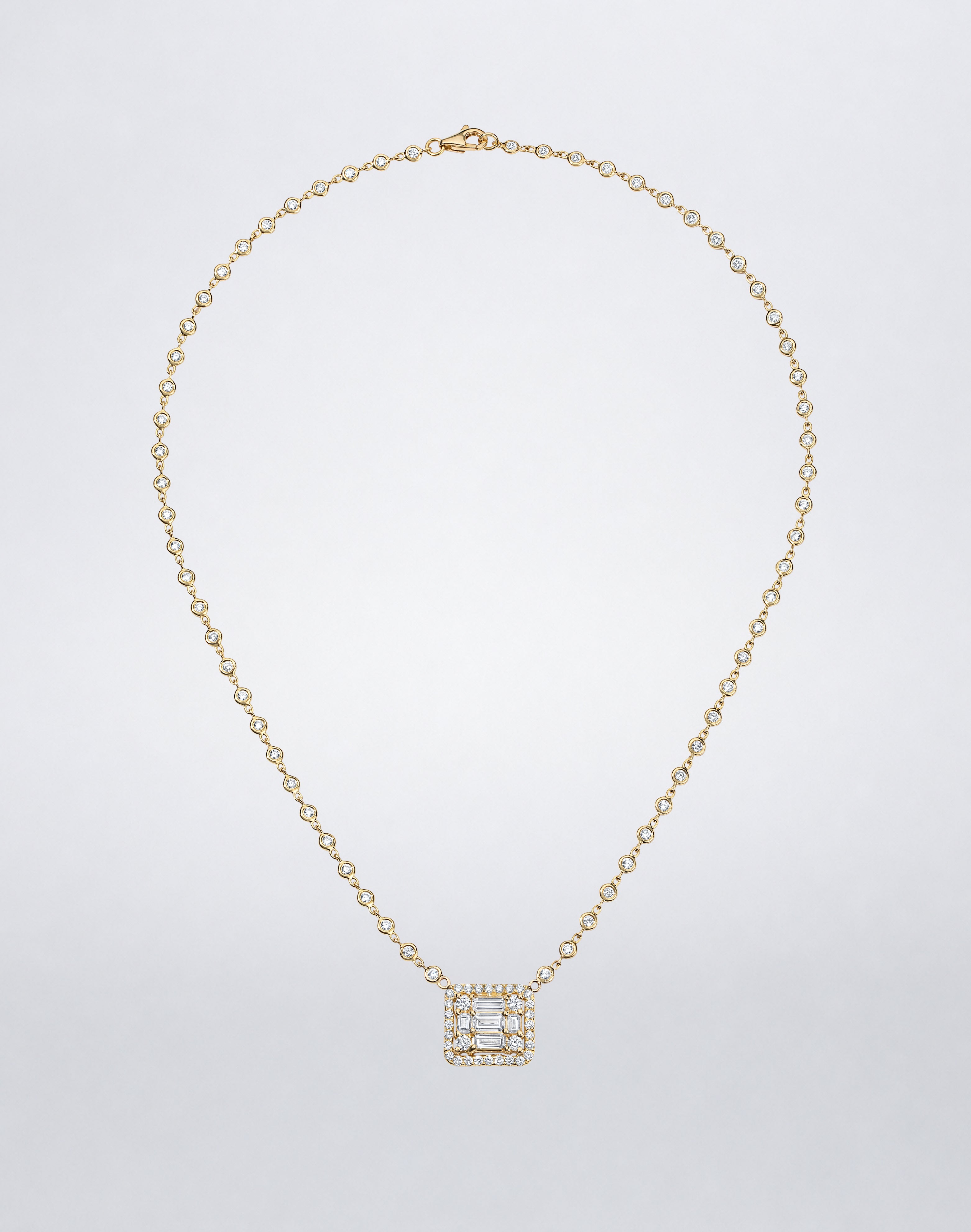 Mindi Mond New York Clarity³ All Diamond Halo Cube Necklace in 18K yellow gold, diamond cube with pavé halo on a bezel-set diamonds-by-the-yard chain, full view