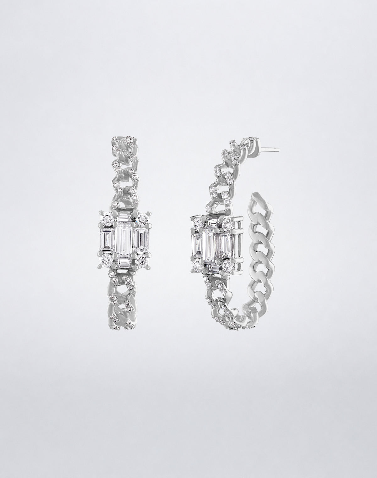 Mindi Mond New York Clarity³ Diamond Oval Link Hoops in 18K white gold, pair of oval curb-link hoop earrings with pavé front links and a nine-stone diamond cube at the center, front view