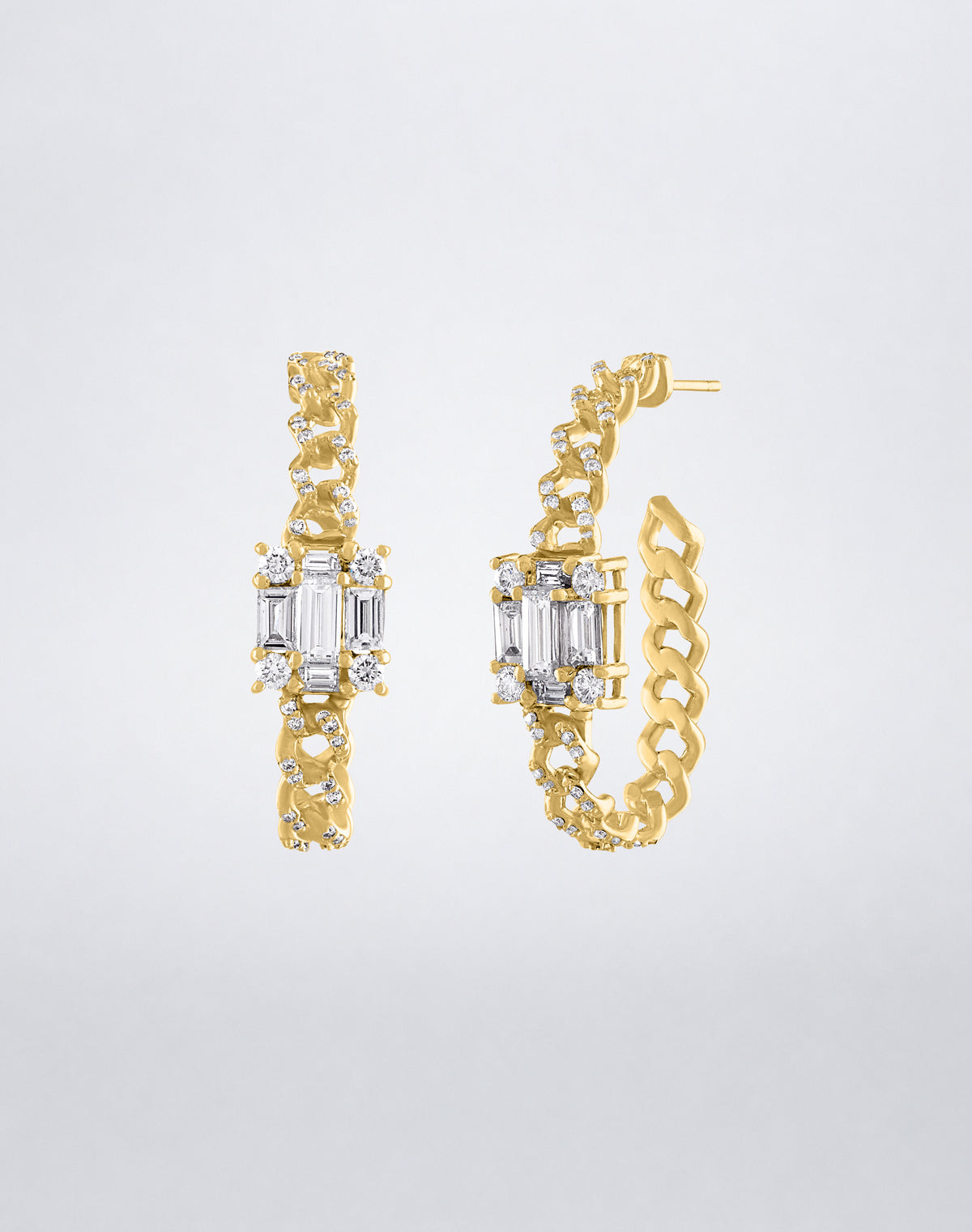 Mindi Mond New York Clarity³ Diamond Oval Link Hoops in 18K yellow gold, pair of oval curb-link hoop earrings with pavé front links and a nine-stone diamond cube at the center, front view