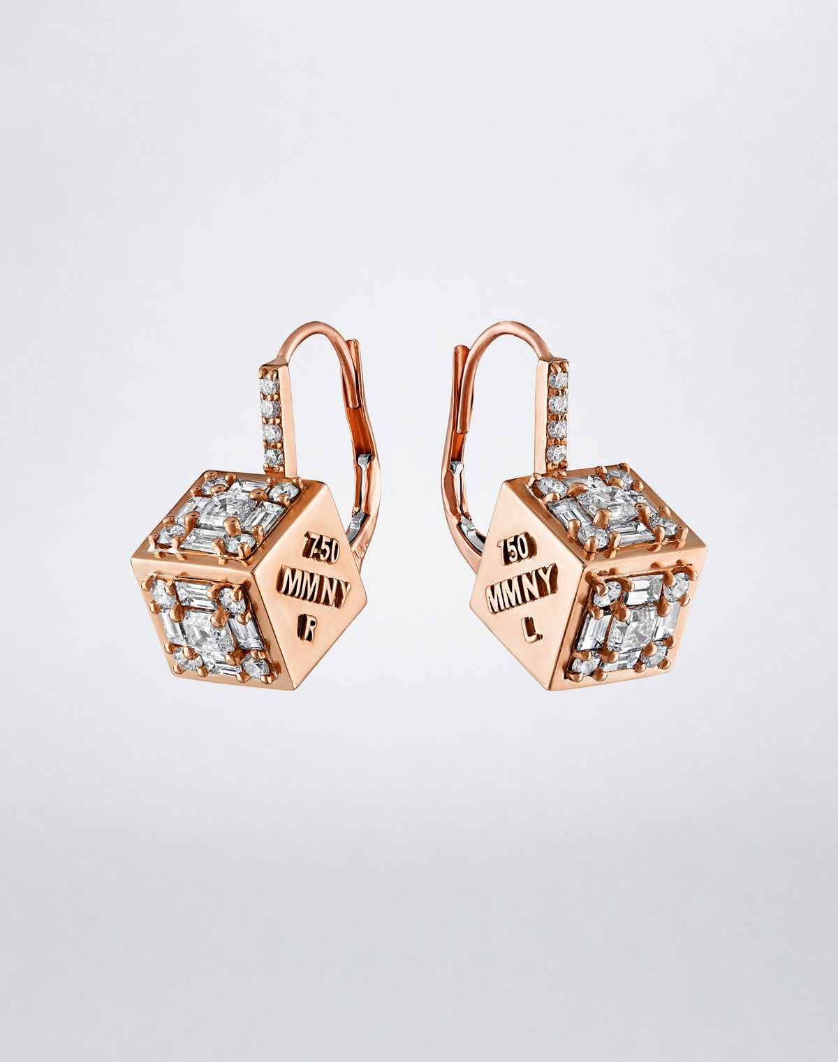 Mindi Mond New York Clarity³ Dimensional Drop Earrings in 18K rose gold, the pair turned to reveal engraved R and L faces