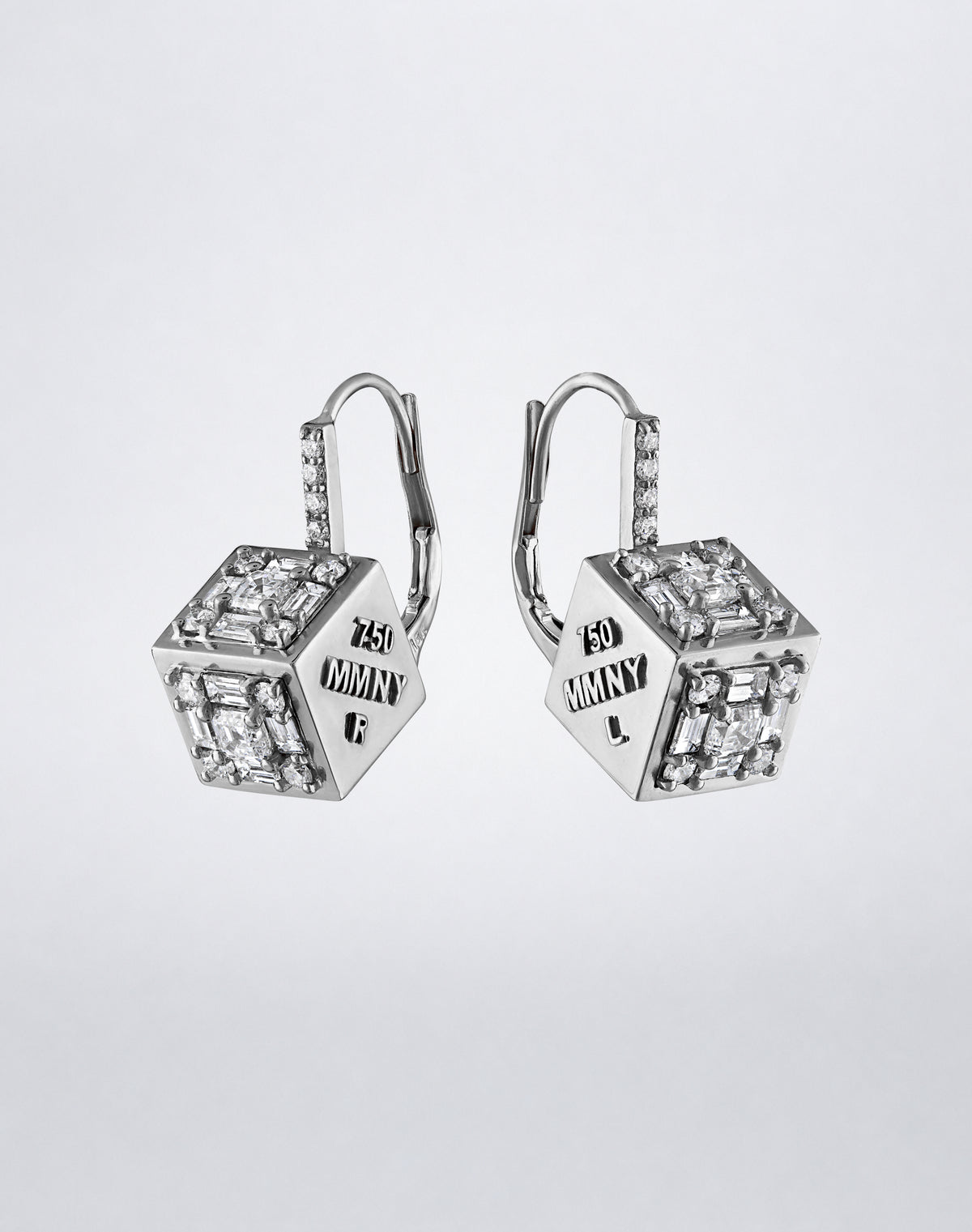 Mindi Mond New York Clarity³ Dimensional Drop Earrings in 18K white gold, the pair turned to reveal engraved R and L faces