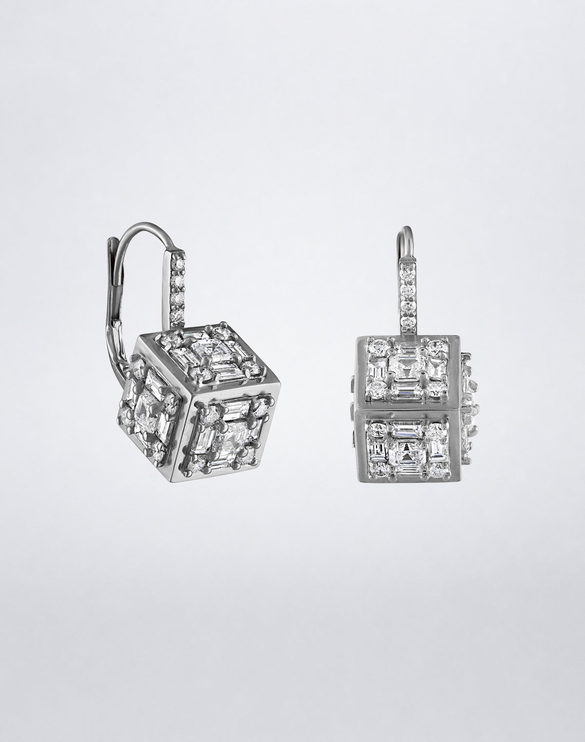 Mindi Mond New York Clarity³ Dimensional Drop Earrings in polished 18K white gold, diamond formations framed in high-polish gold on pavé lever-backs