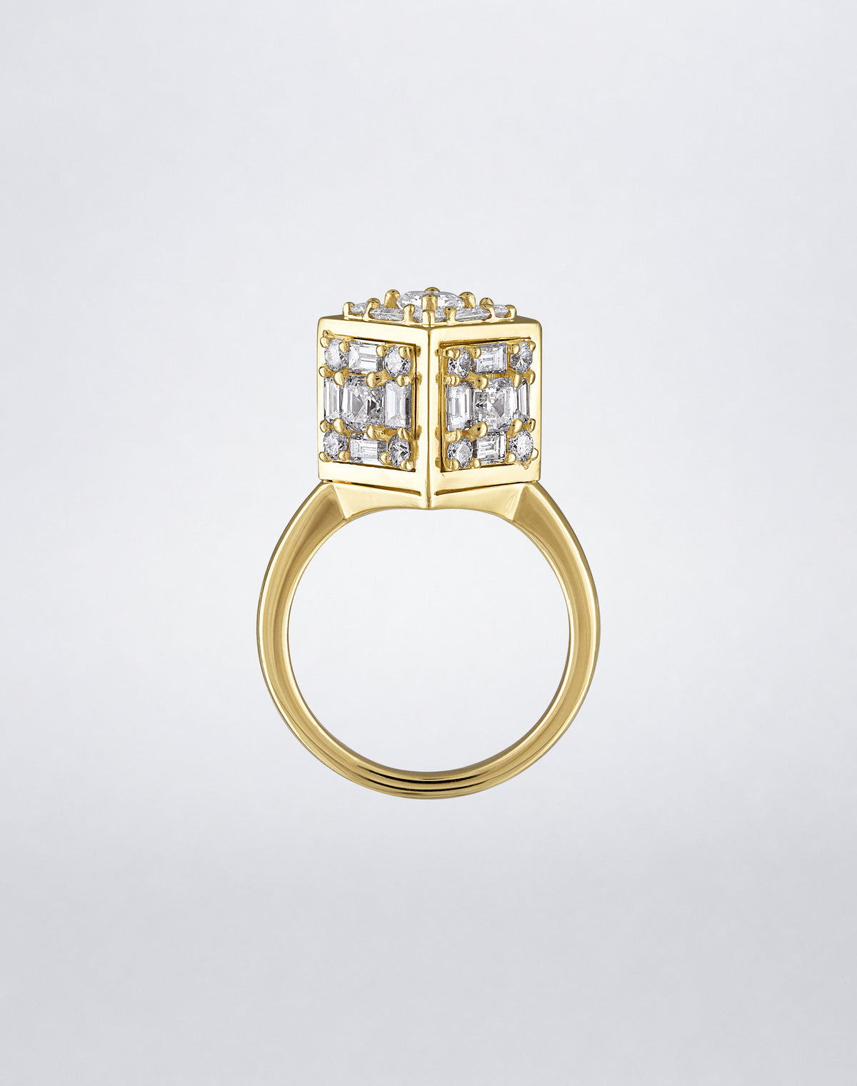 CLARITY³ Dimensional Gold Ring in 18K yellow gold, featuring a sculptural cube set with baguette and round diamonds, side view, by Mindi Mond New York
