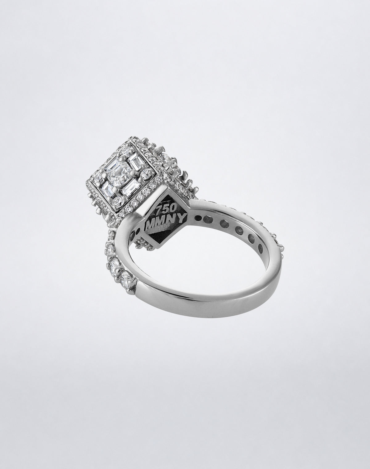 CLARITY³ Dimensional Halo Diamond Ring in 18K white gold, featuring a sculptural diamond cube on a pavé diamond shank, close-up detail, by Mindi Mond New York