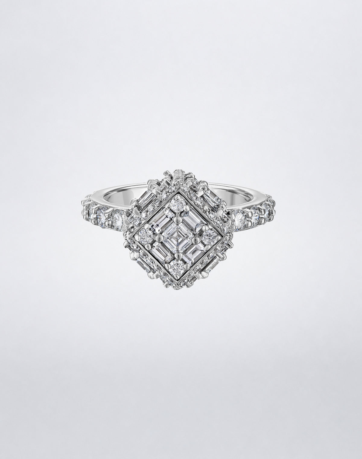 CLARITY³ Dimensional Halo Diamond Ring in 18K white gold, featuring a sculptural diamond cube on a pavé diamond shank, by Mindi Mond New York