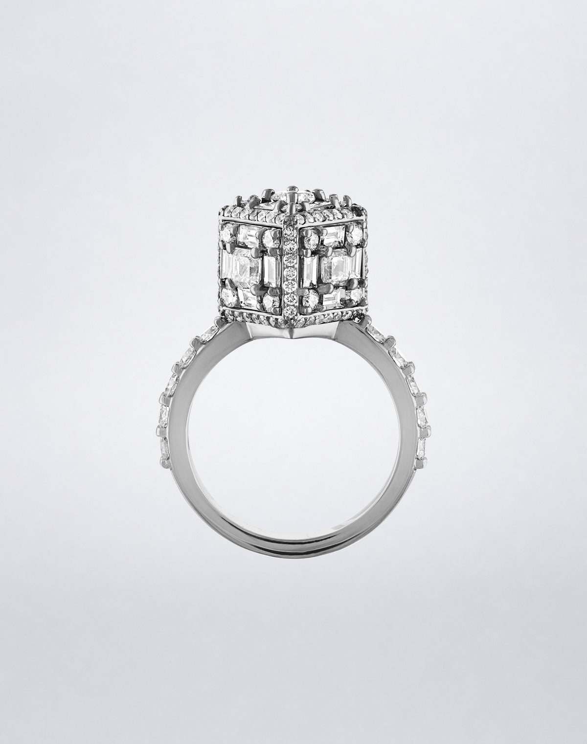 CLARITY³ Dimensional Halo Diamond Ring in 18K white gold, featuring a sculptural diamond cube on a pavé diamond shank, side view, by Mindi Mond New York