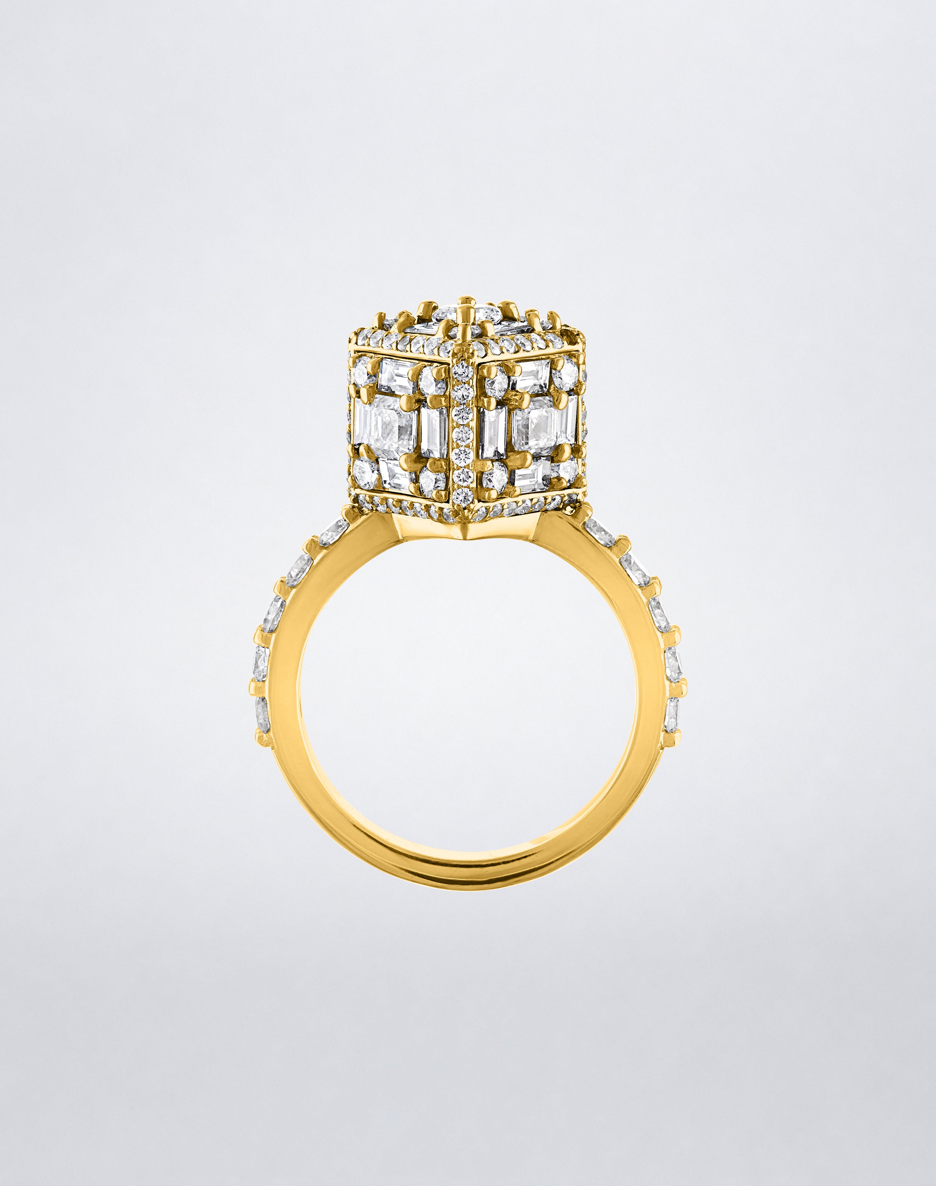 CLARITY³ Dimensional Halo Diamond Ring in 18K yellow gold, featuring a sculptural diamond cube on a pavé diamond shank, side view, by Mindi Mond New York