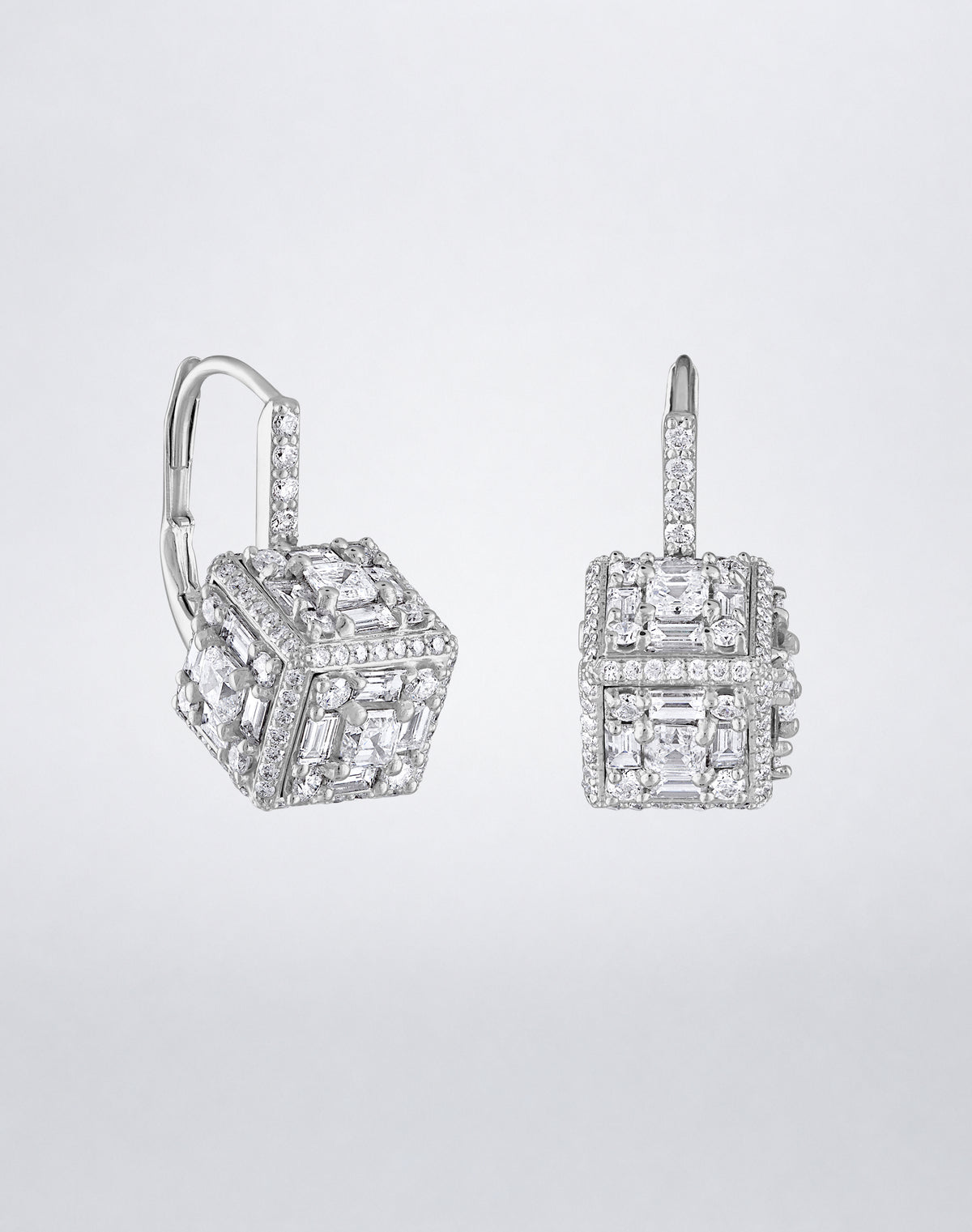 Mindi Mond New York Clarity³ Dimensional Mega Halo Drop Earrings in 18K white gold, diamond formations ringed in pavé halos on pavé lever-backs, front view