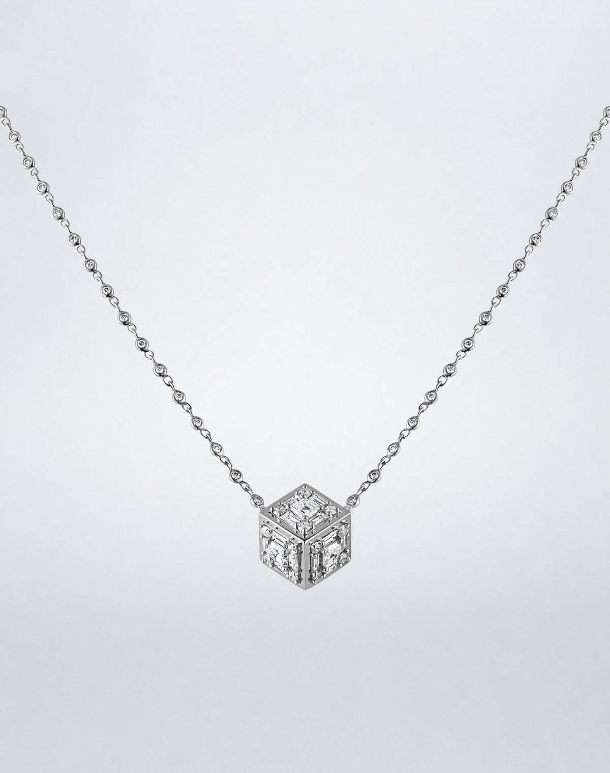 Mindi Mond New York Clarity³ Dimensional Gold Pendant Necklace in 18K white gold, three-dimensional diamond cube with a nine-stone formation on each face and polished gold edges, on a bezel-set diamond chain, full view