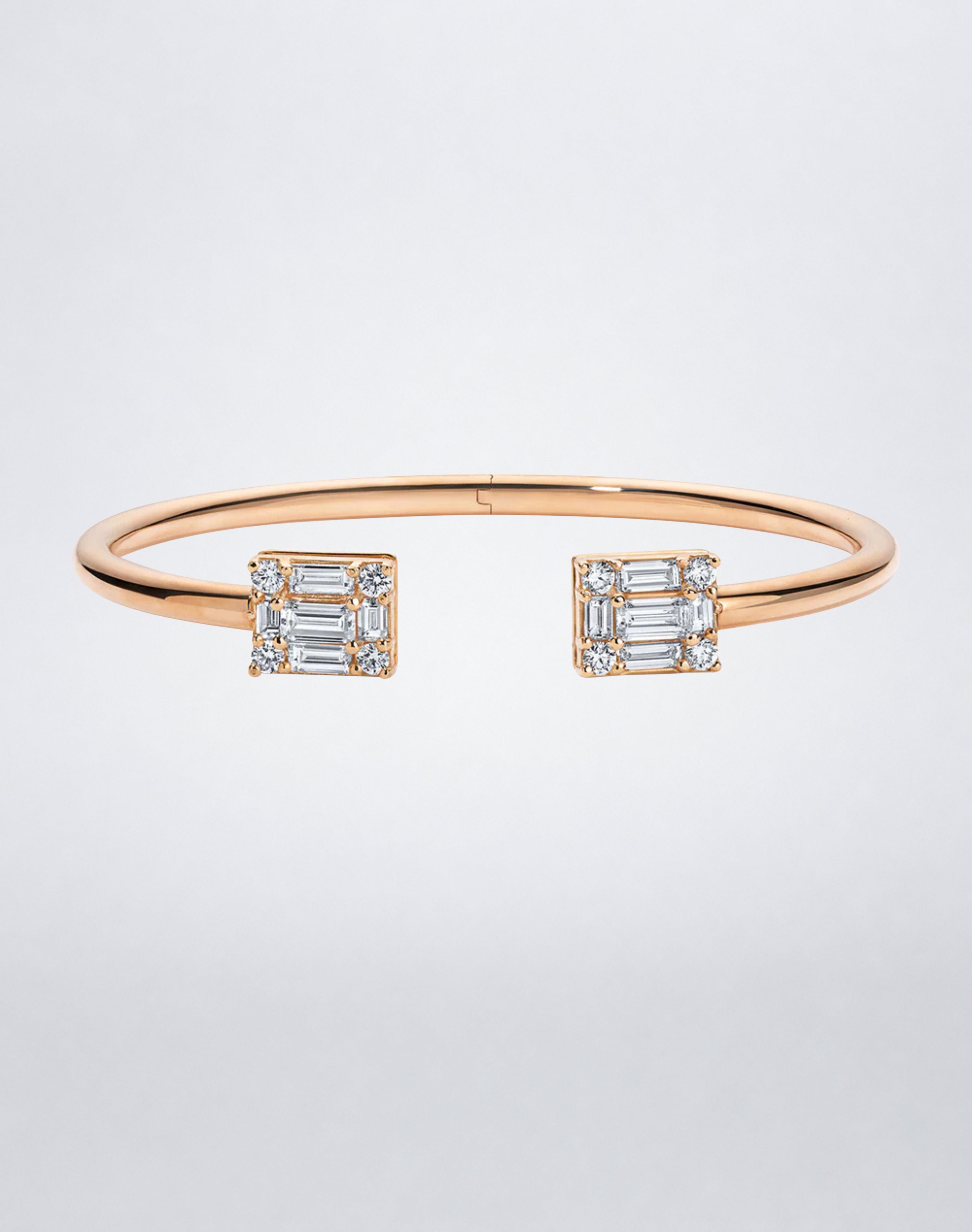 Mindi Mond New York Clarity³ Dual Cube Hinged Bangle in 18k rose gold, open cuff with two nine-stone baguette and round brilliant diamond formations, front view