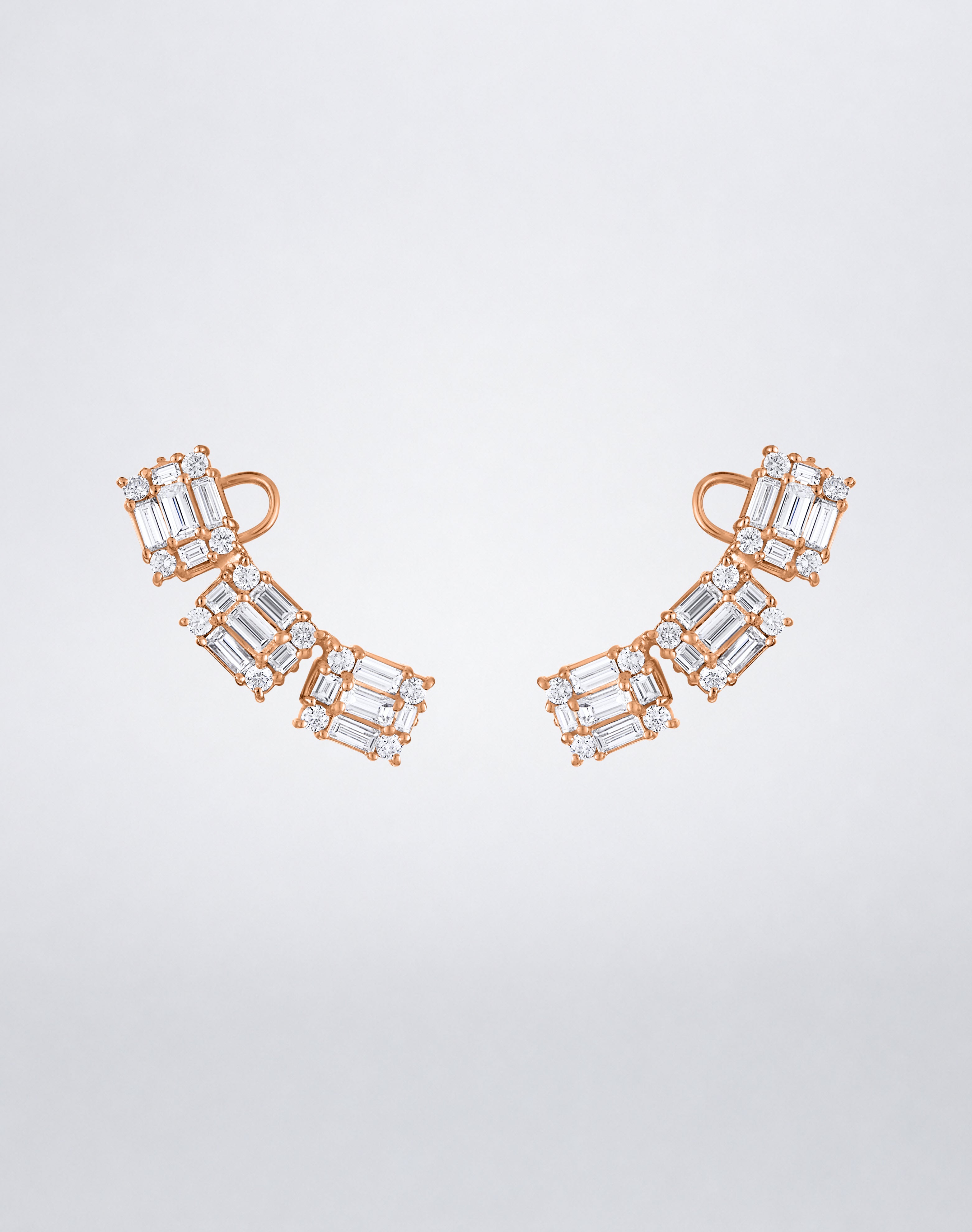 Mindi Mond New York Clarity³ Ear Climbers in 18K rose gold, three diamond formations ascending in a gentle arc