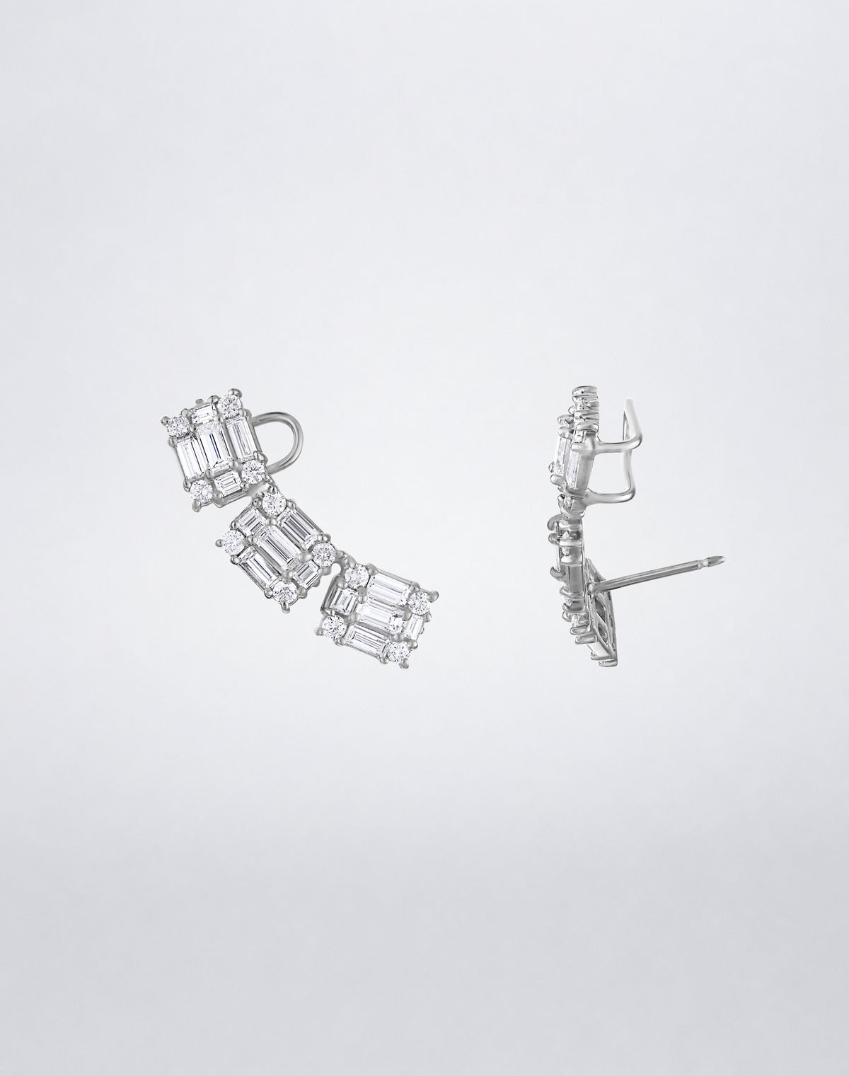 Mindi Mond New York Clarity³ Ear Climbers in 18K white gold in profile, revealing the post and support that hold the climber along the ear