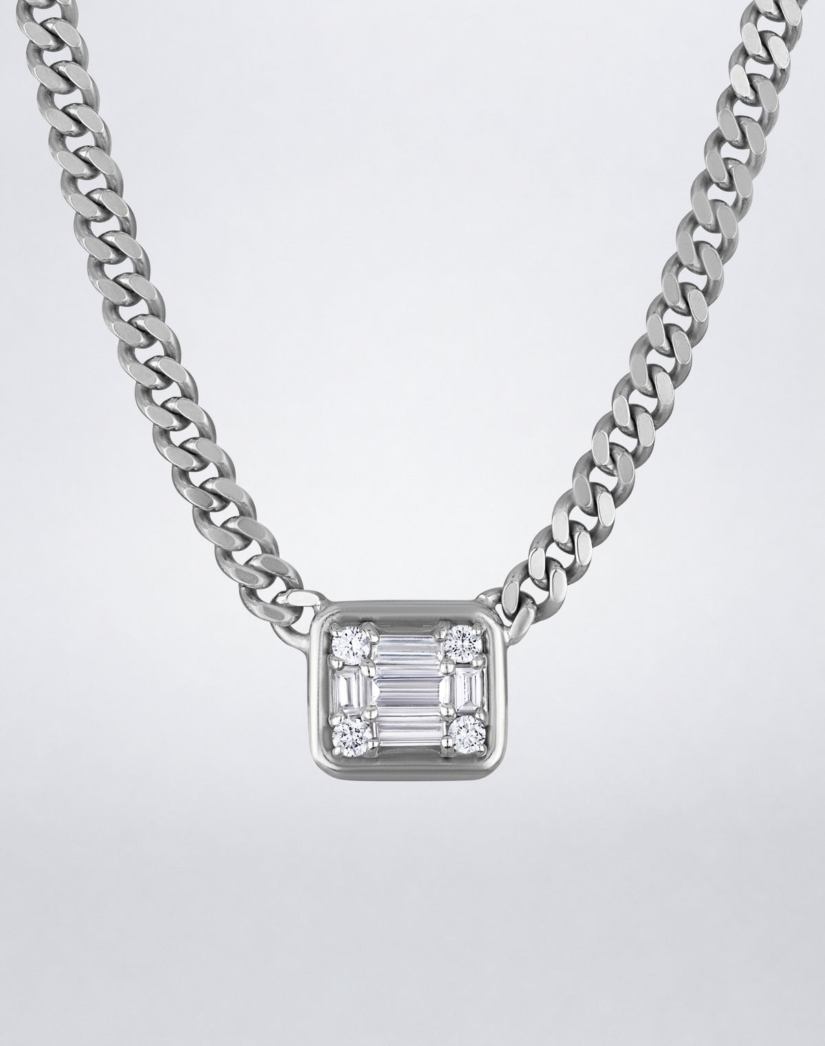 Mindi Mond New York Clarity³ Gold Framed Link Necklace in 18K white gold, single nine-stone diamond cube in a polished gold frame on a curb-link chain