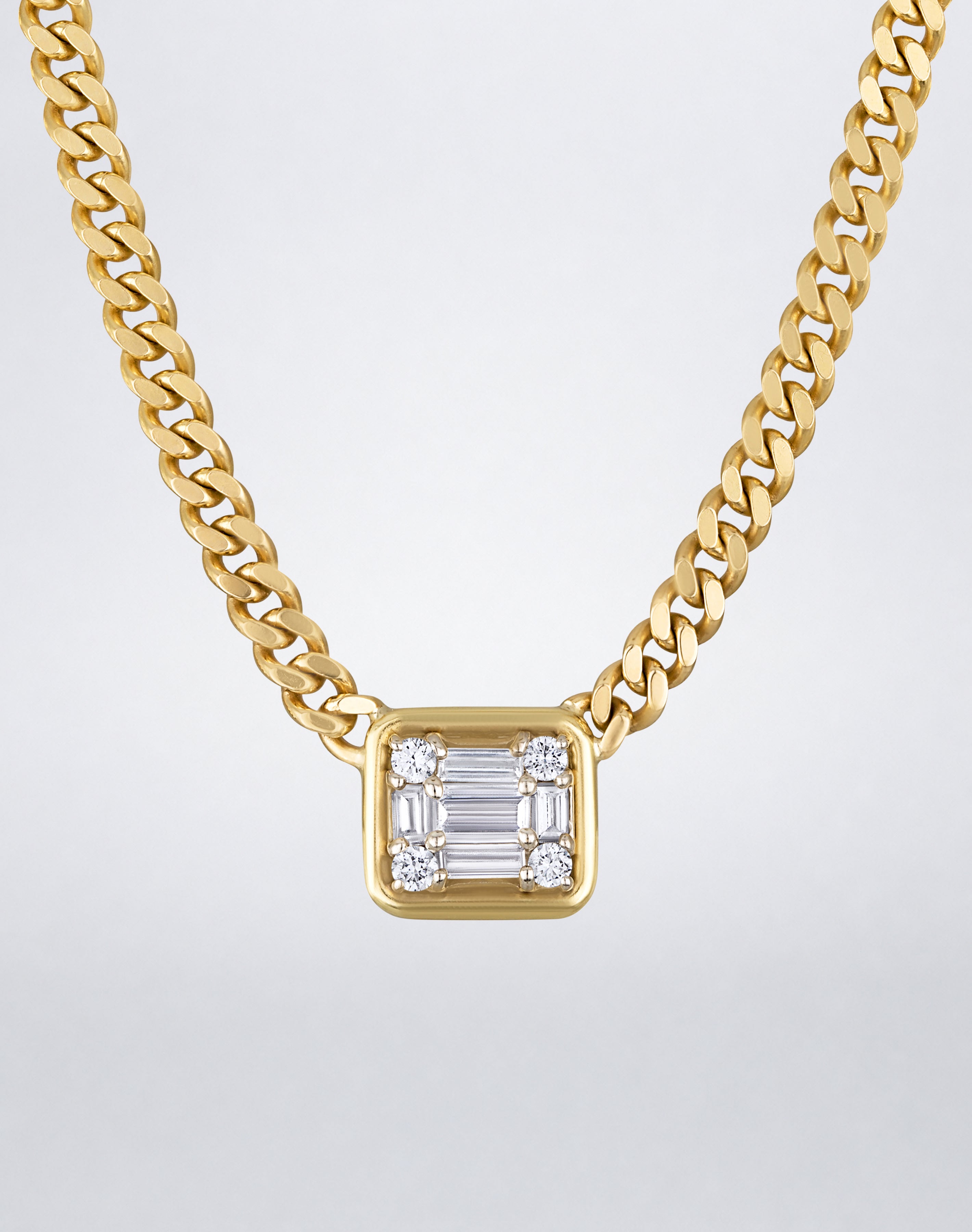 Mindi Mond New York Clarity³ Gold Framed Link Necklace in 18K yellow gold, single nine-stone diamond cube in a polished gold frame on a curb-link chain