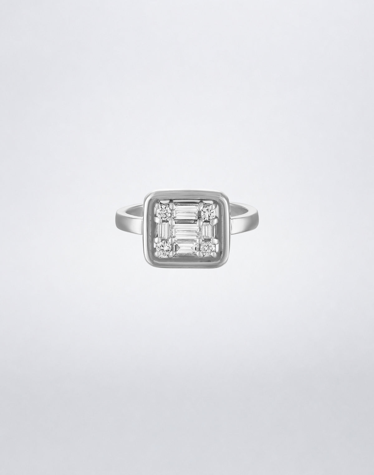 CLARITY³ Gold-Framed Ring in 18K white gold with a square baguette and round diamond cluster, by Mindi Mond New York