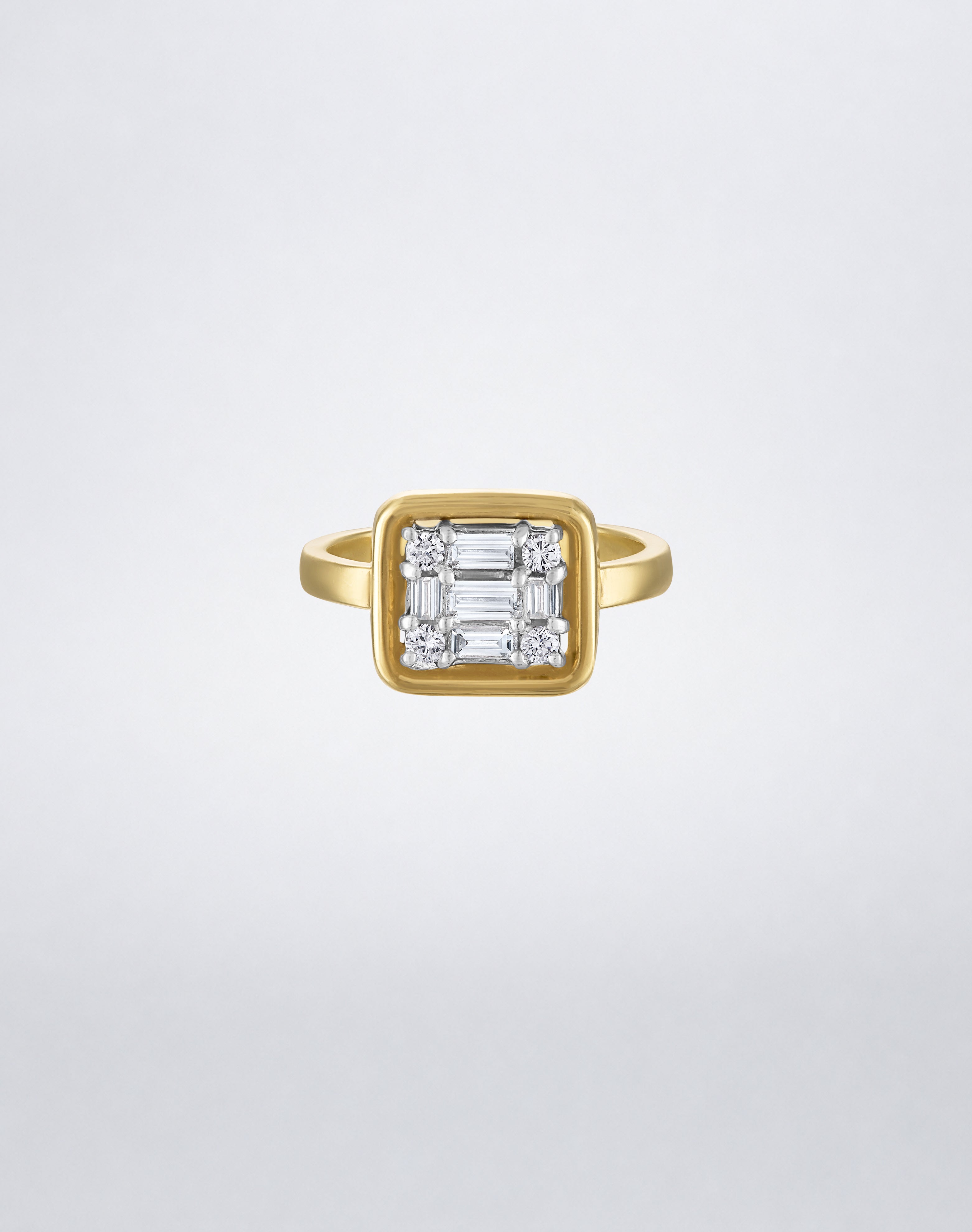 CLARITY³ Gold-Framed Ring in 18K yellow gold with a square baguette and round diamond cluster, by Mindi Mond New York