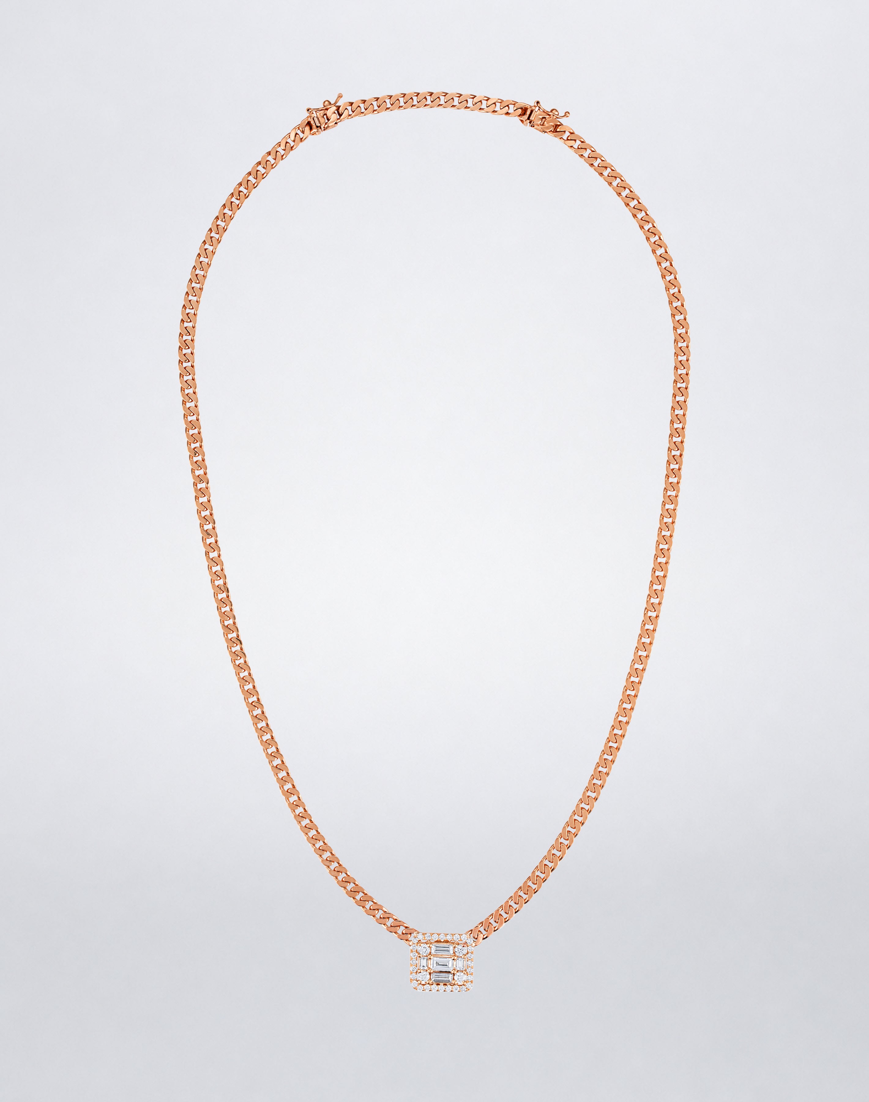 Mindi Mond New York Clarity³ Halo Wide Link Necklace in 18K rose gold, nine-stone diamond cube with pavé halo on a wide flat curb-link chain, full view