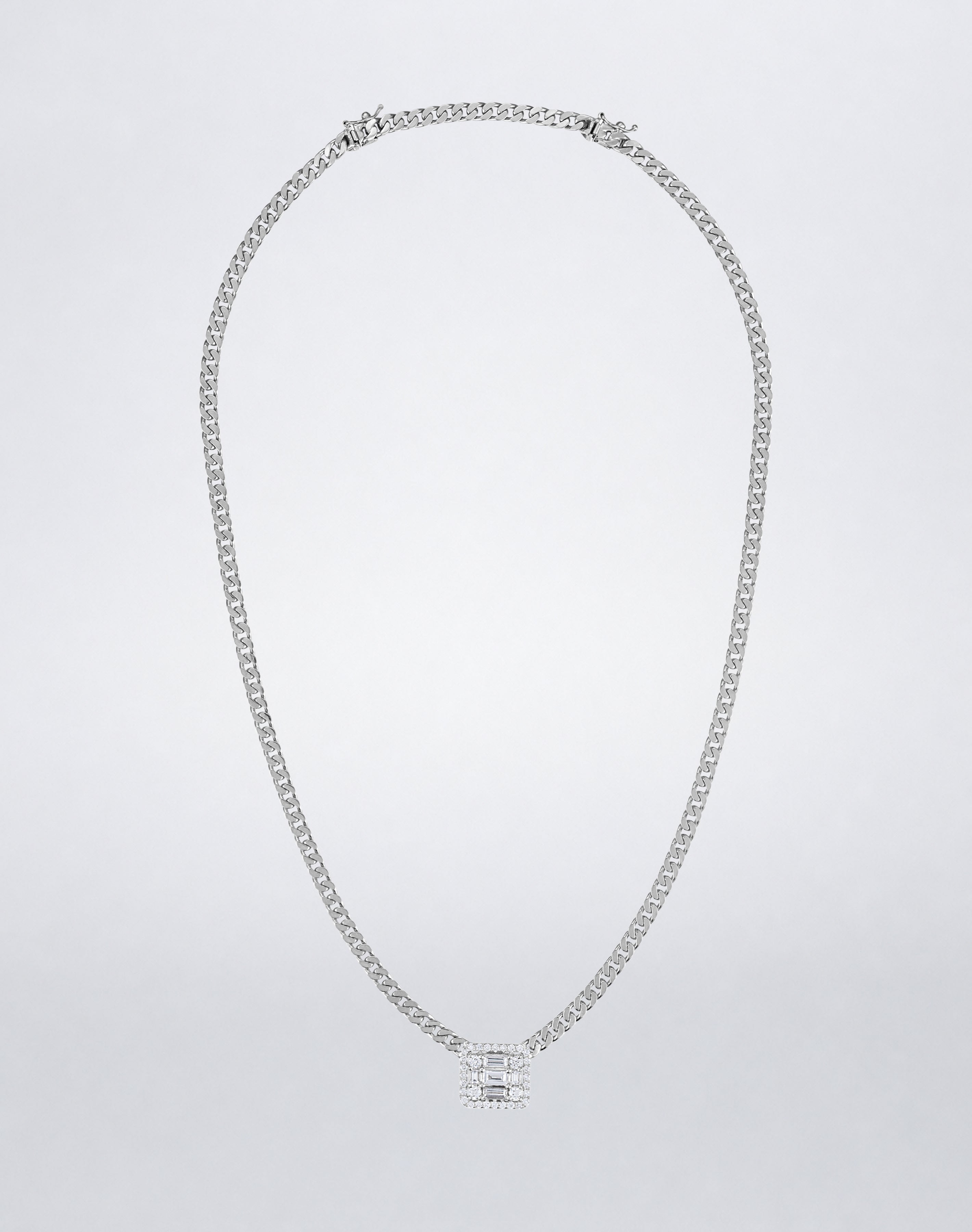 Mindi Mond New York Clarity³ Halo Wide Link Necklace in 18K white gold, nine-stone diamond cube with pavé halo on a wide flat curb-link chain, full view