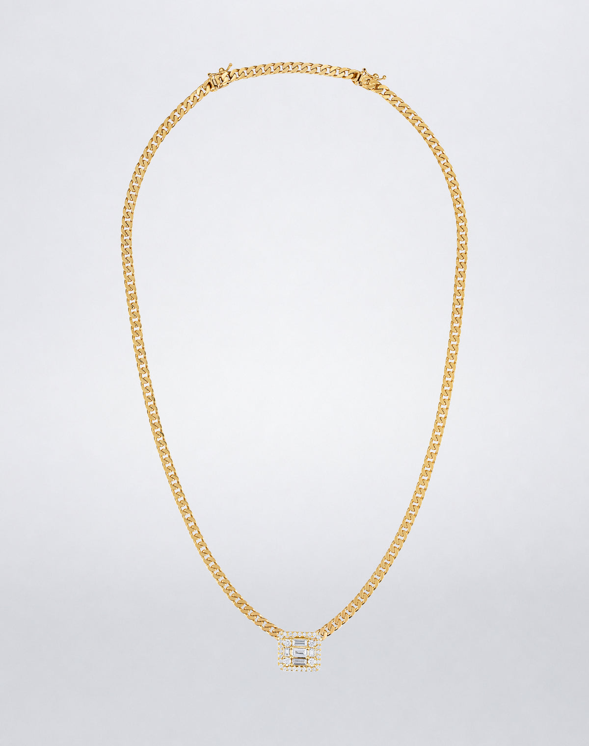 Mindi Mond New York Clarity³ Halo Wide Link Necklace in 18K yellow gold, nine-stone diamond cube with pavé halo on a wide flat curb-link chain, full view