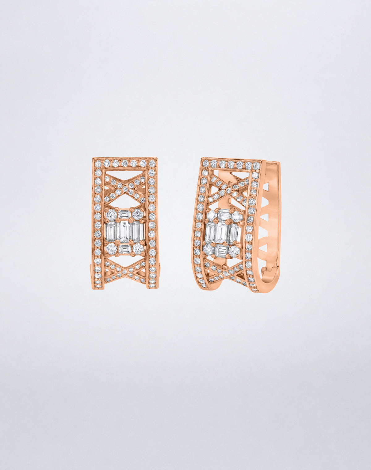 Mindi Mond New York Clarity³ Lattice Huggie Earrings in 18K rose gold, a nine-stone diamond formation framed in an openwork pavé diamond lattice