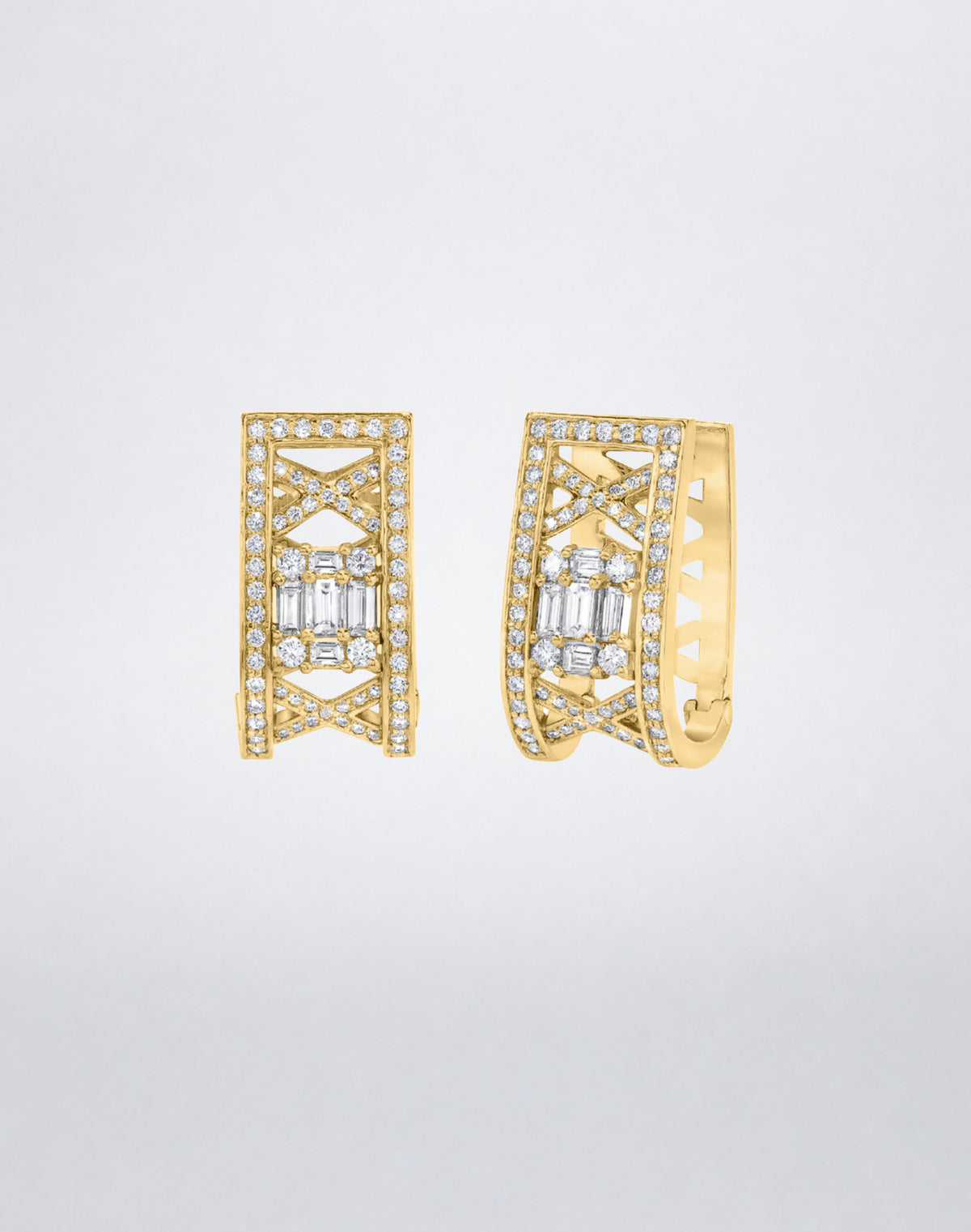 Mindi Mond New York Clarity³ Lattice Huggie Earrings in 18K yellow gold, a nine-stone diamond formation framed in an openwork pavé diamond lattice