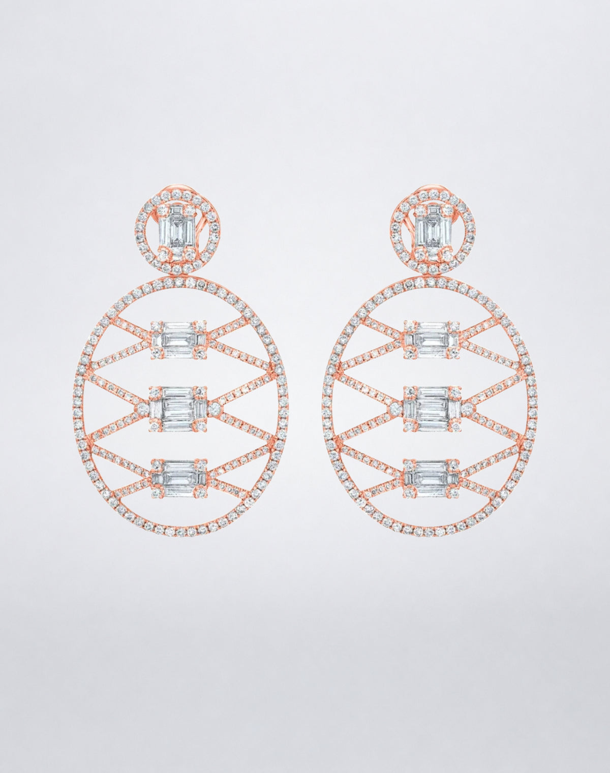 Mindi Mond New York Clarity³ Lattice Medallion Drop Earrings in 18K rose gold, an open oval pavé lattice set with diamond formations beneath a Clarity³ stud