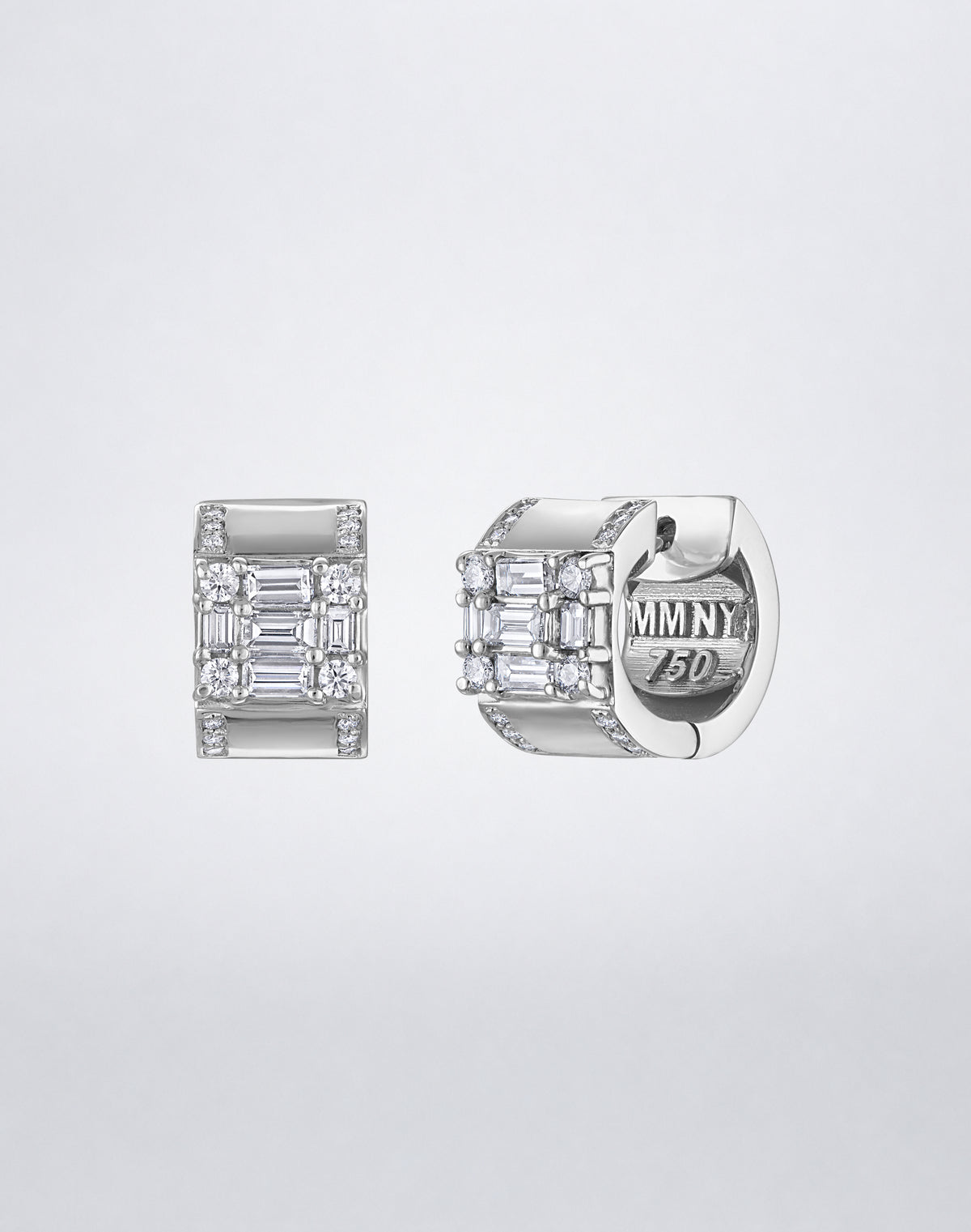 Mindi Mond New York Clarity³ Lovers Huggie Earrings in 18K white gold, side view showing the hinged closure and MMNY 750 stamp
