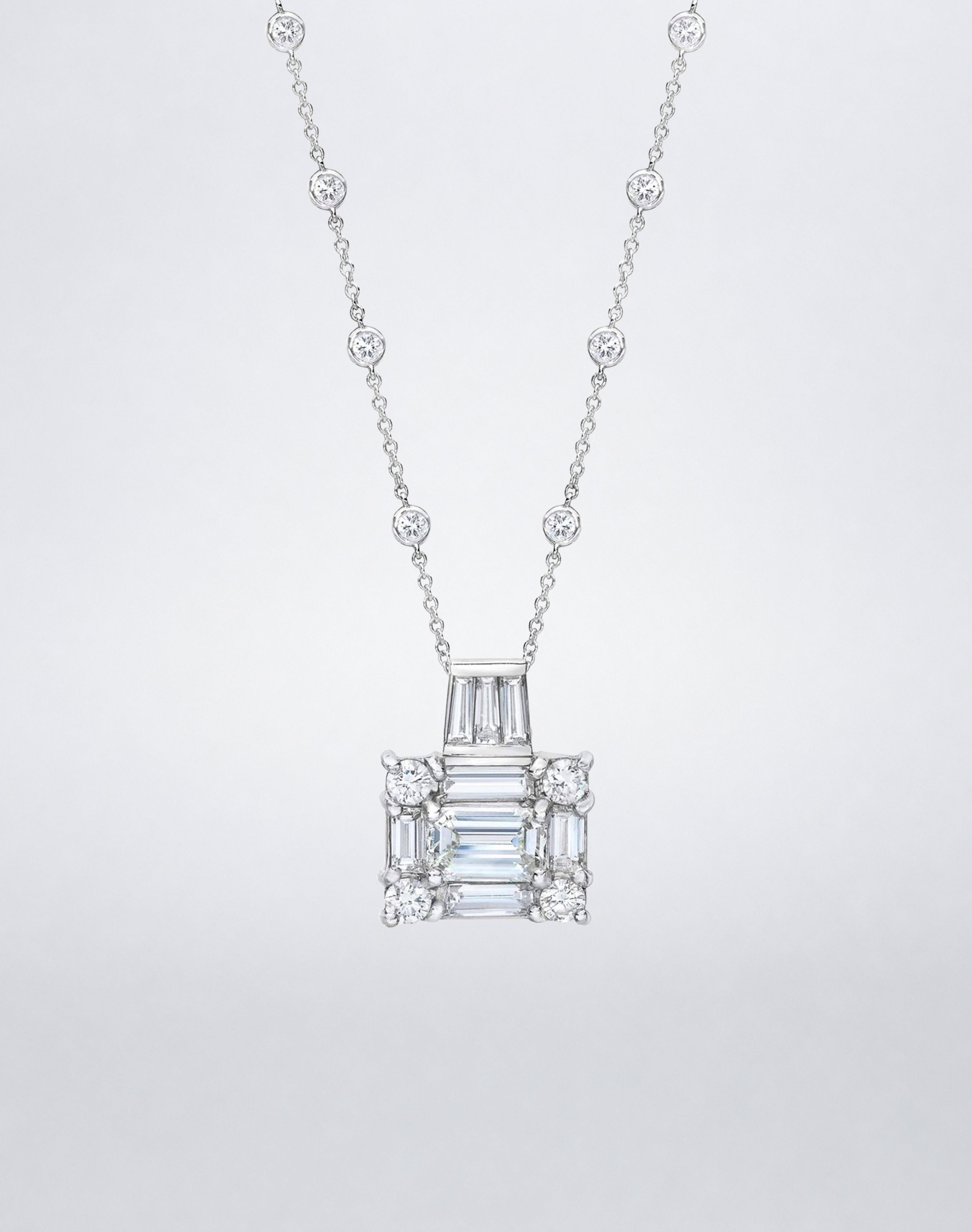 A Mindi Mond New York statement necklace with the Clarity³ diamond cube, baguette and round brilliants, on a diamond-set 18k white gold chain, close